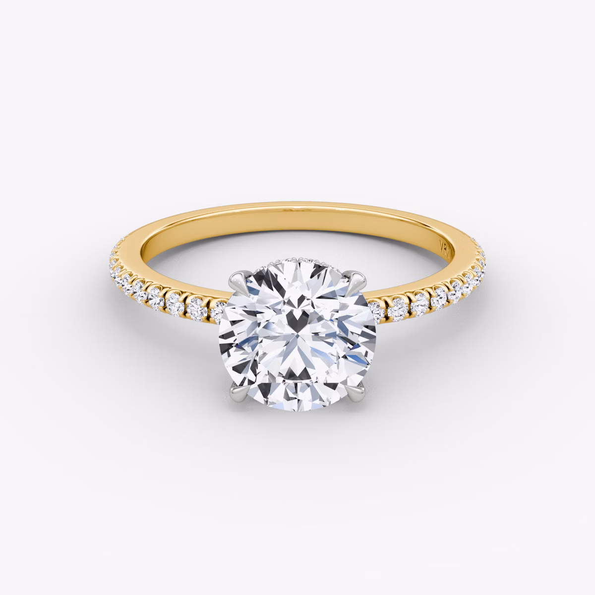The Signature | Round Brilliant | 18k | Yellow Gold and Platinum | bandAccent: Pavé | bandWidth: standard | caratWeight: 2.0ct | hiddenHalo: yes | diamondOrientation: vertical