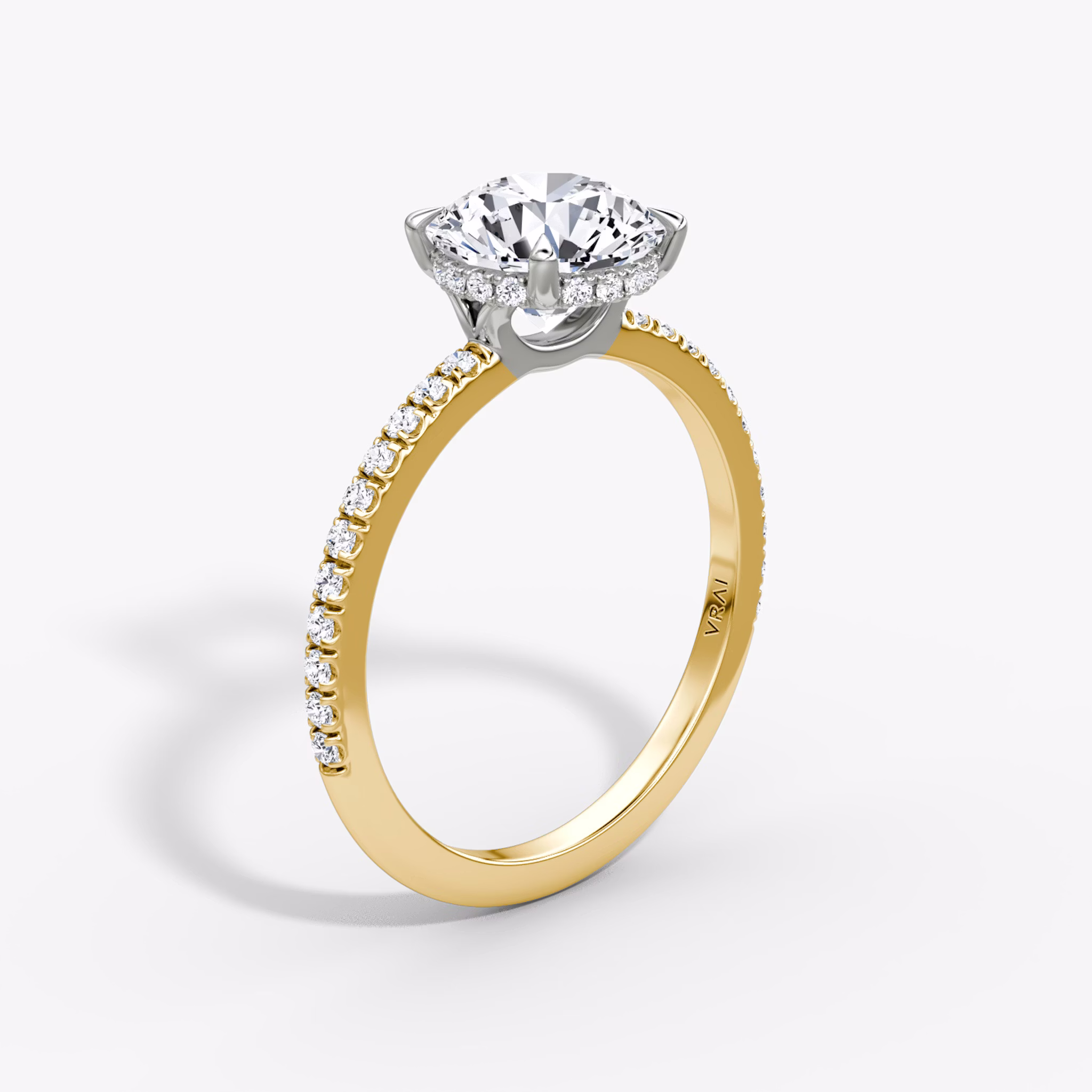 The Signature | Round Brilliant | 18k | Yellow Gold and Platinum | bandAccent: Pavé | bandWidth: standard | caratWeight: 2.0ct | hiddenHalo: yes | diamondOrientation: vertical