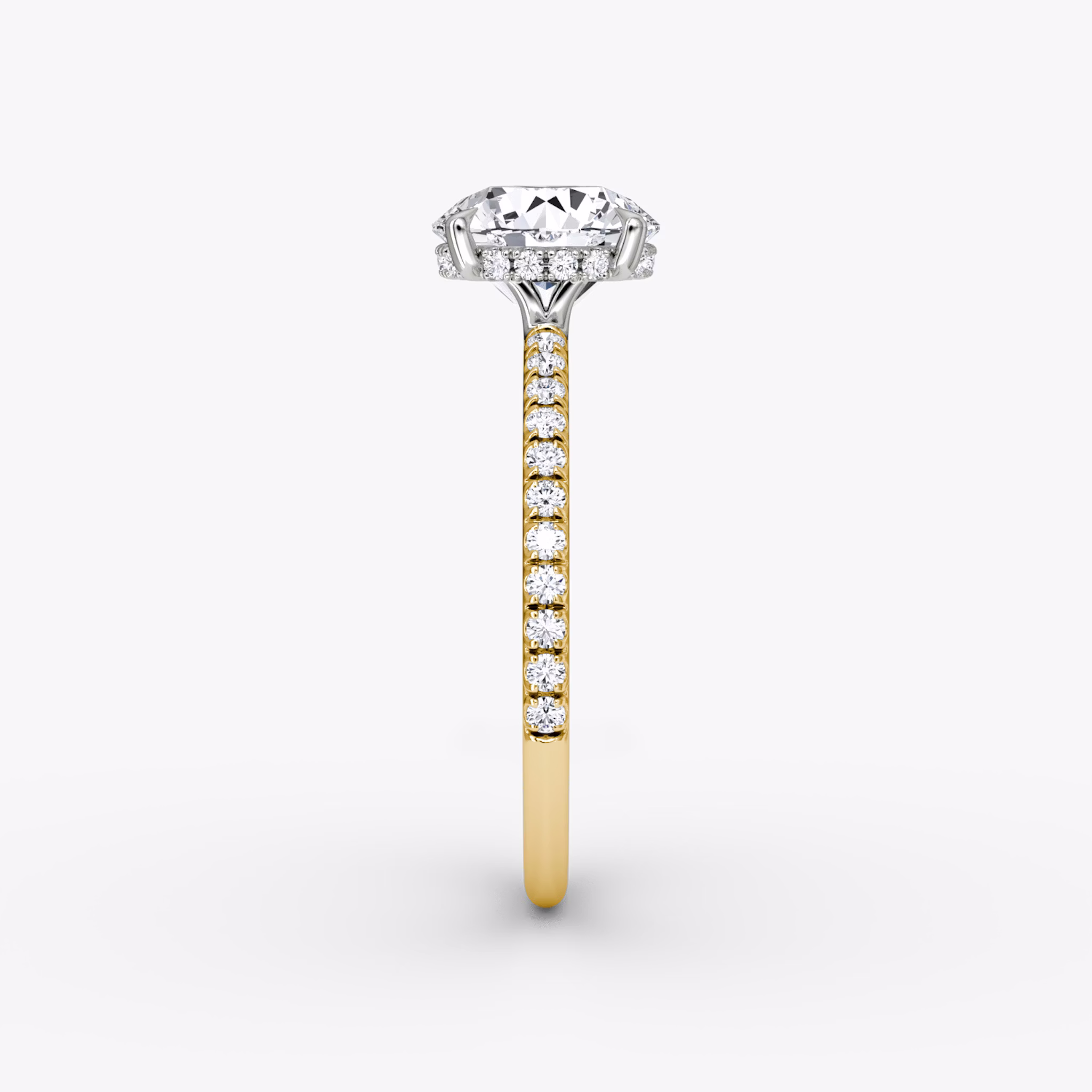 The Signature | Round Brilliant | 18k | Yellow Gold and Platinum | bandAccent: Pavé | bandWidth: standard | caratWeight: 1.5ct | hiddenHalo: yes | diamondOrientation: vertical