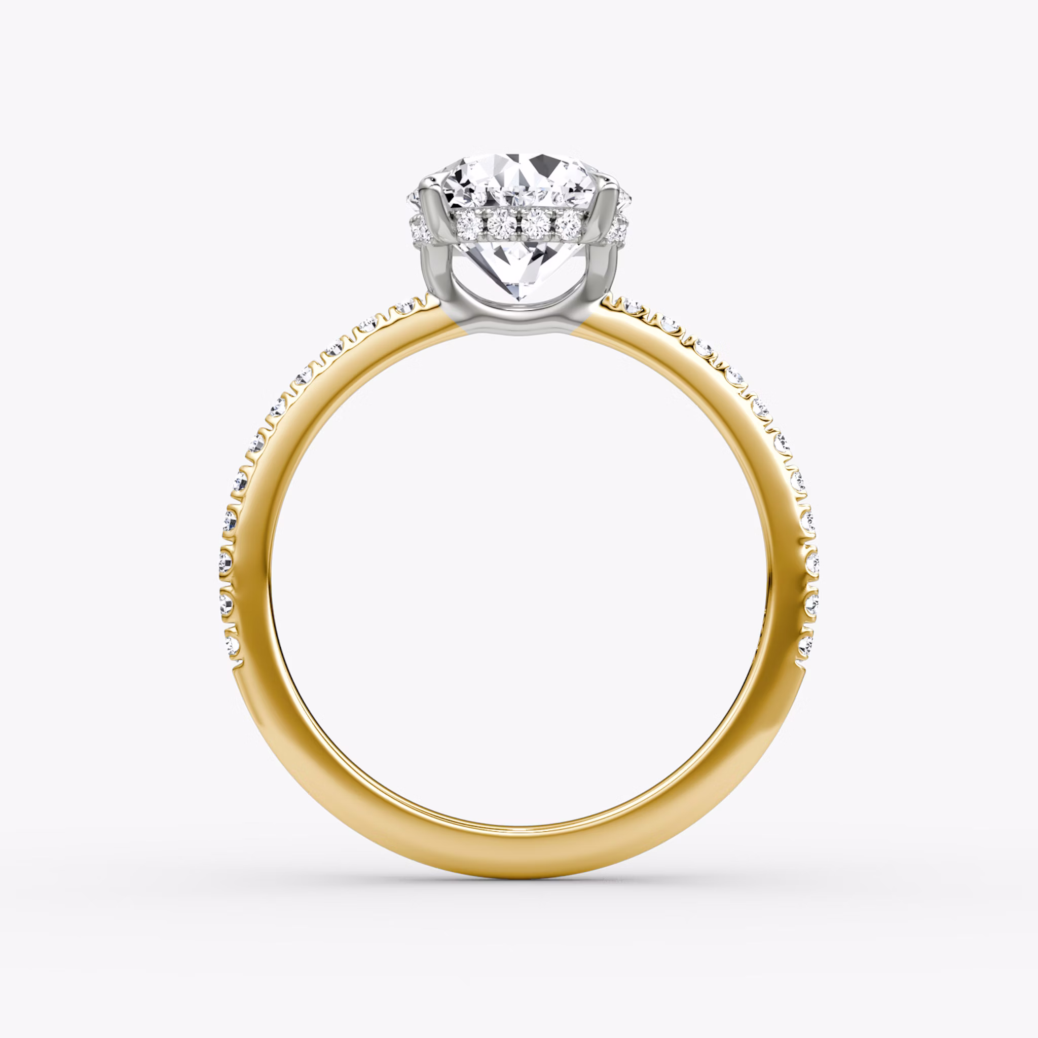 The Signature | Round Brilliant | 18k | Yellow Gold and Platinum | bandAccent: Pavé | bandWidth: standard | caratWeight: 1.5ct | hiddenHalo: yes | diamondOrientation: vertical