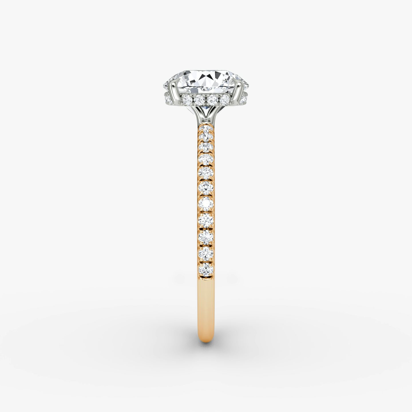 The Signature | Round Brilliant | 14k | Rose Gold and Platinum | bandAccent: Pavé | bandWidth: standard | caratWeight: 2.0ct | hiddenHalo: yes | diamondOrientation: vertical