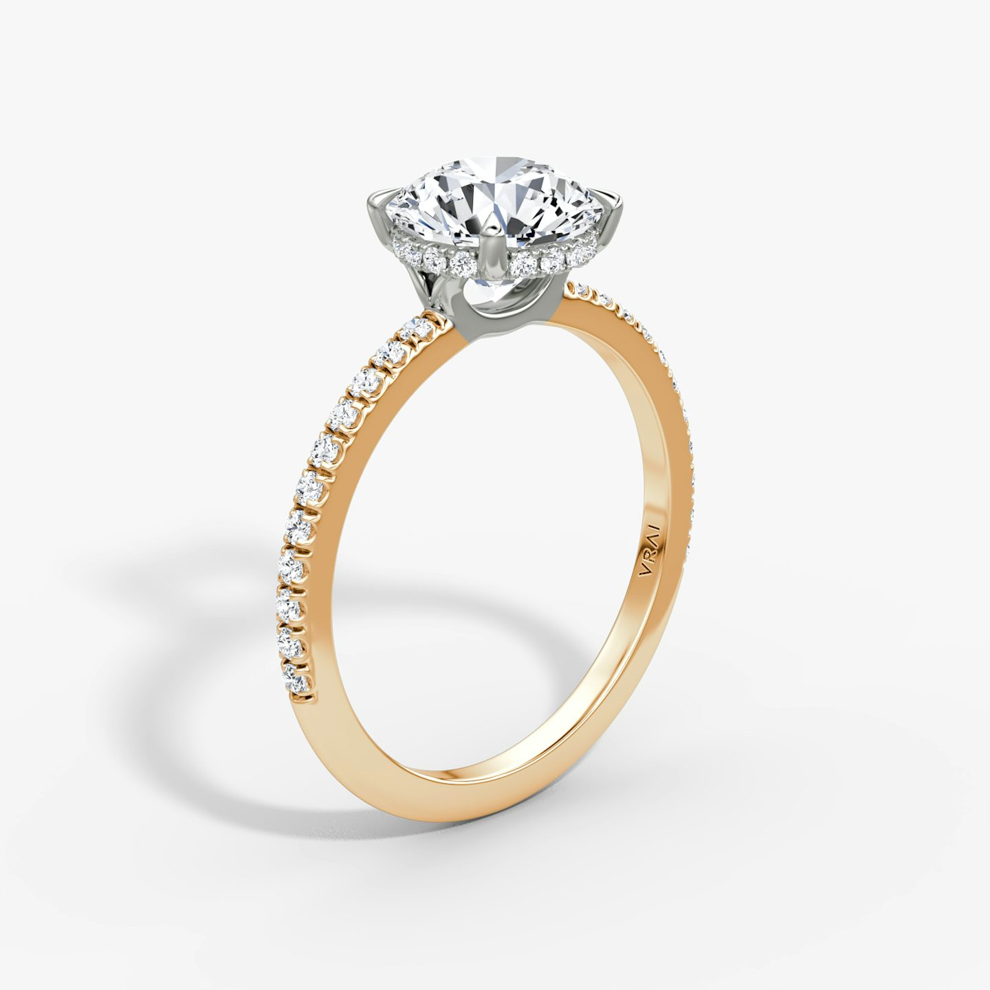 The Signature | Round Brilliant | 14k | Rose Gold and Platinum | bandAccent: Pavé | bandWidth: standard | caratWeight: 2.0ct | hiddenHalo: yes | diamondOrientation: vertical