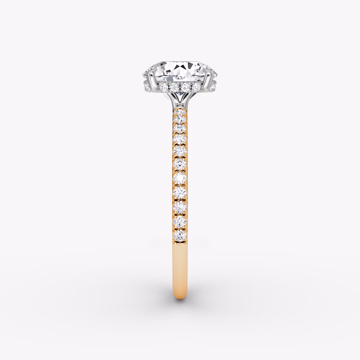 The Signature | Round Brilliant | 14k | Rose Gold and Platinum | bandAccent: Pavé | bandWidth: standard | caratWeight: other | hiddenHalo: yes | diamondOrientation: vertical