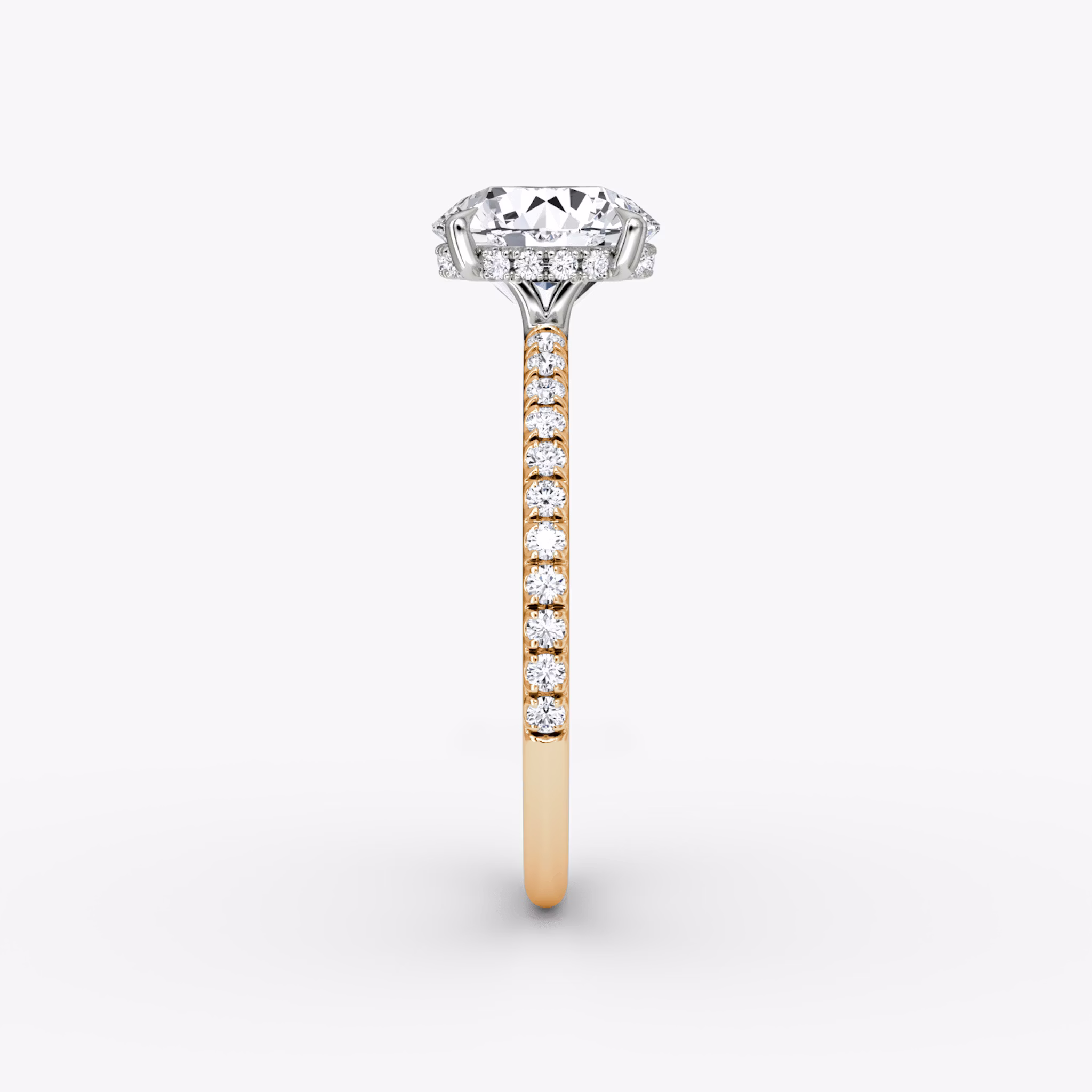 The Signature | Round Brilliant | 14k | Rose Gold and Platinum | bandAccent: Pavé | bandWidth: standard | caratWeight: other | hiddenHalo: yes | diamondOrientation: vertical