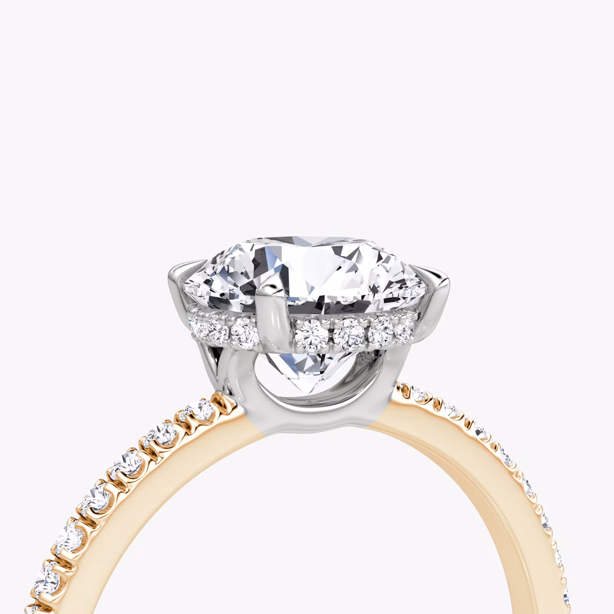 The Signature | Round Brilliant | 14k | Rose Gold and Platinum | bandAccent: Pavé | bandWidth: standard | caratWeight: other | hiddenHalo: yes | diamondOrientation: vertical