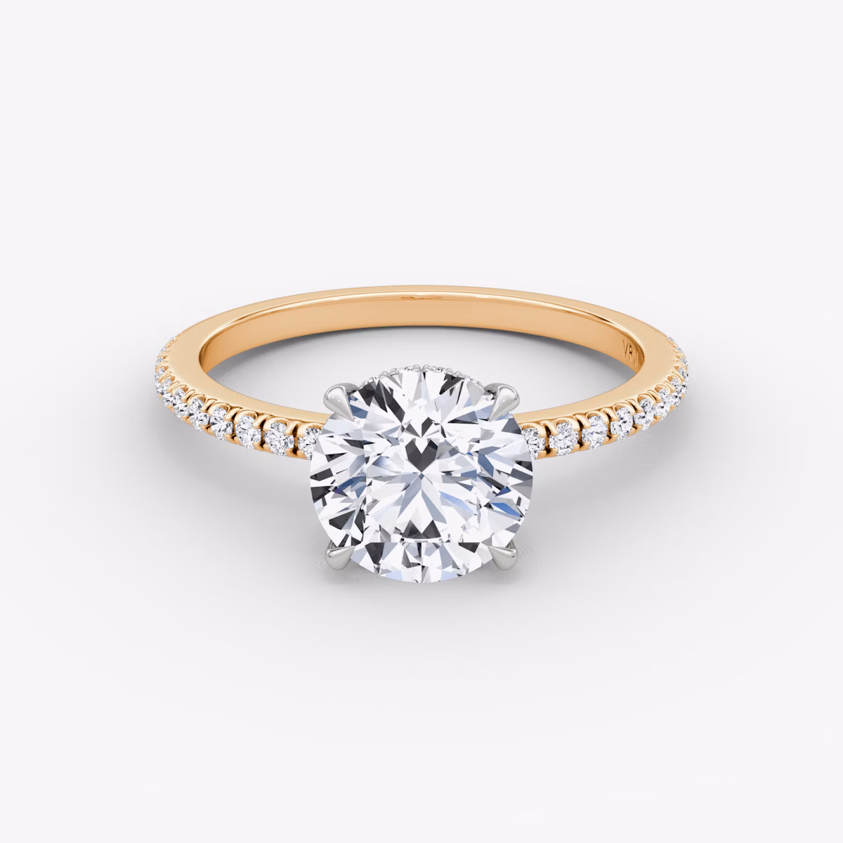 The Signature | Round Brilliant | 14k | Rose Gold and Platinum | bandAccent: Pavé | bandWidth: standard | caratWeight: other | hiddenHalo: yes | diamondOrientation: vertical