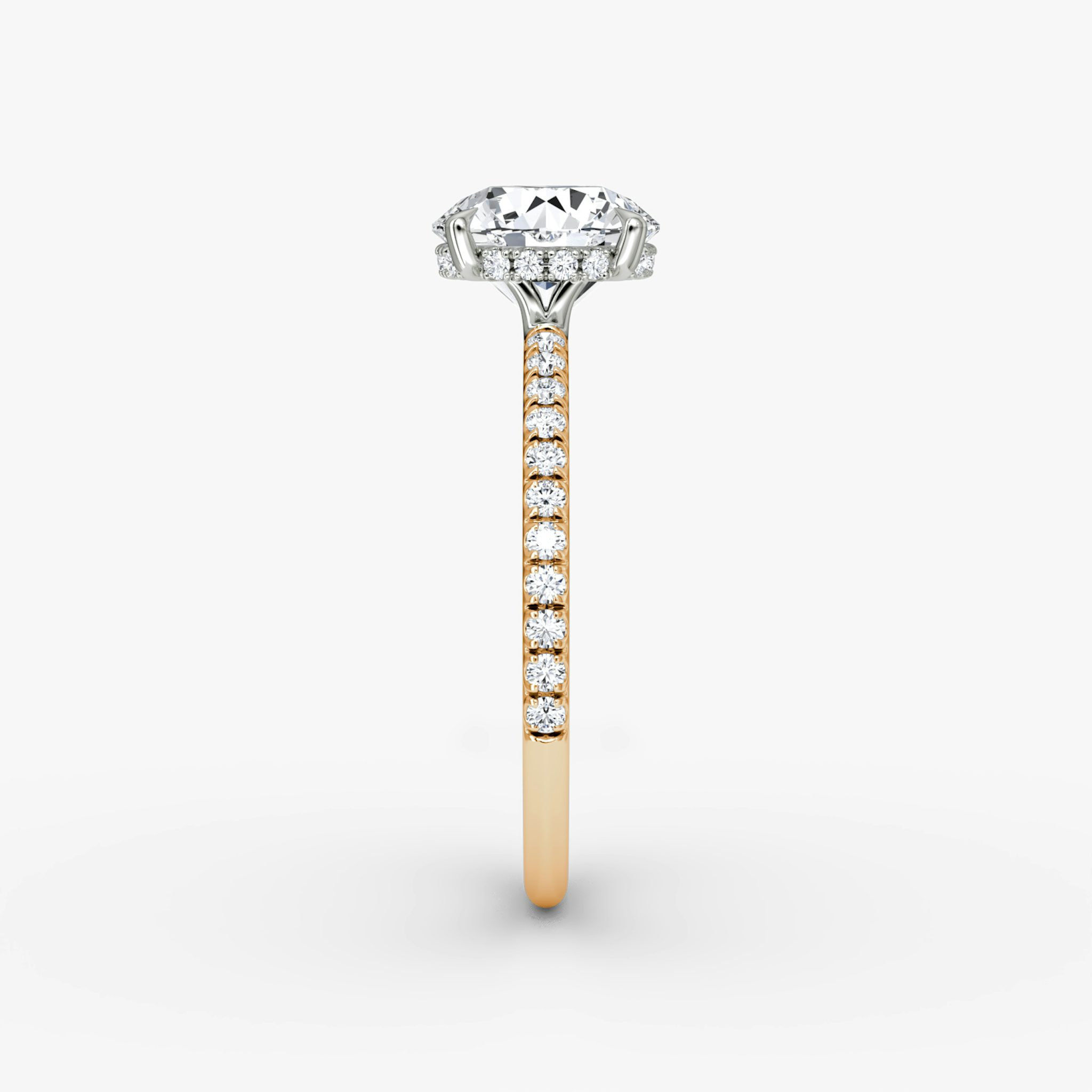 The Signature | Round Brilliant | 14k | Rose Gold and Platinum | bandAccent: Pavé | bandWidth: standard | caratWeight: 1.0ct | hiddenHalo: yes | diamondOrientation: vertical