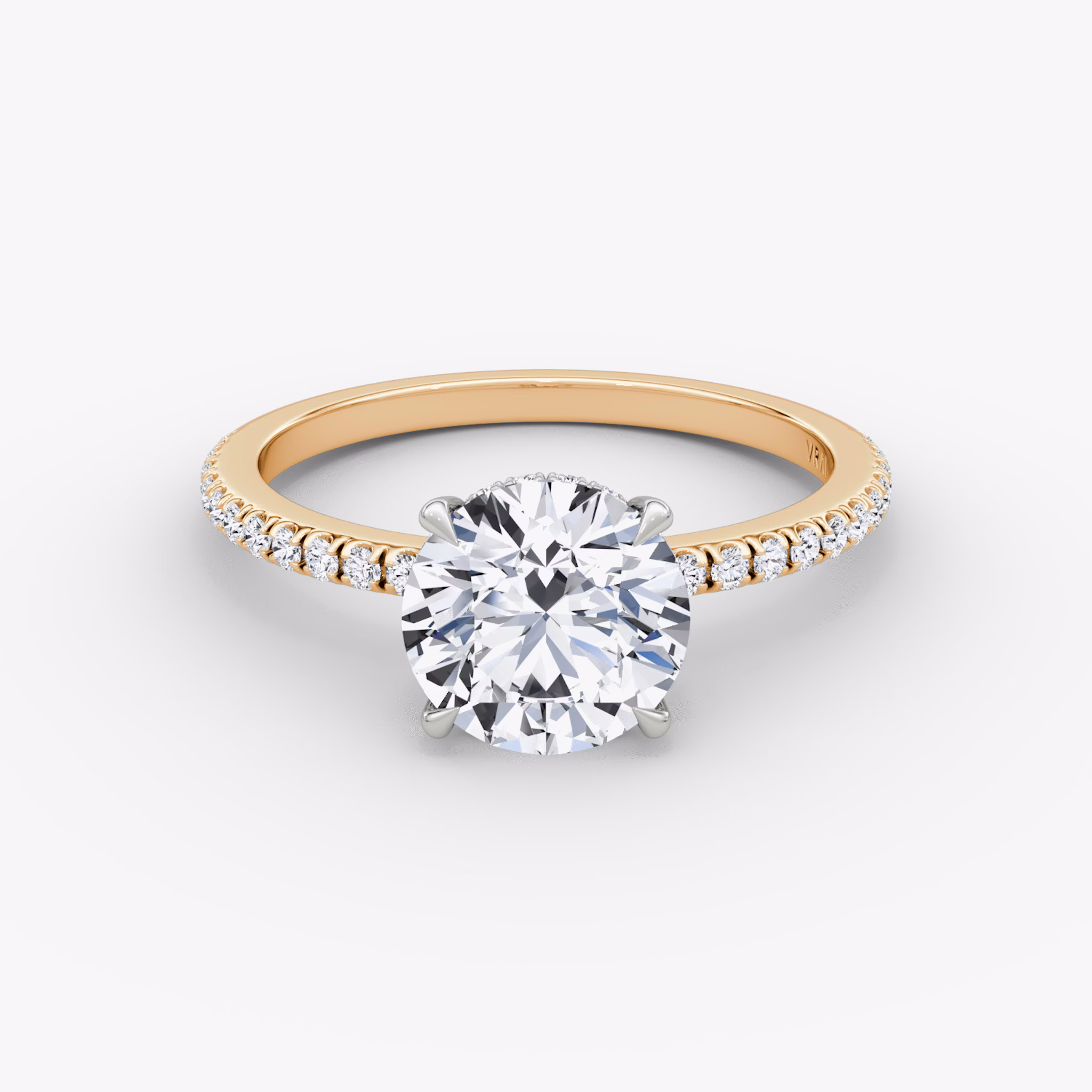 The Signature | Round Brilliant | 14k | Rose Gold and Platinum | bandAccent: Pavé | bandWidth: standard | caratWeight: 1.0ct | hiddenHalo: yes | diamondOrientation: vertical
