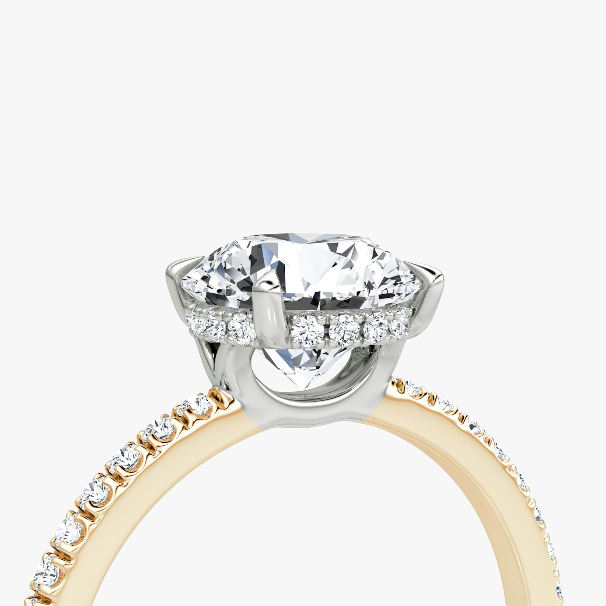 The Signature | Round Brilliant | 14k | Rose Gold and Platinum | bandAccent: Pavé | bandWidth: standard | caratWeight: 2.0ct | hiddenHalo: yes | diamondOrientation: vertical