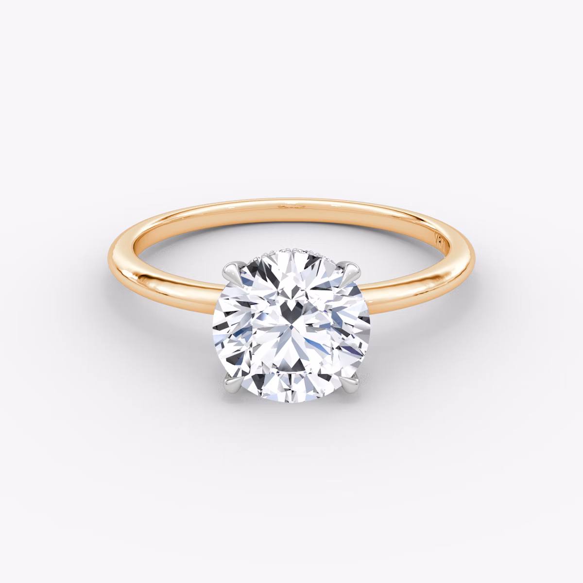 The Signature | Round Brilliant | 14k | Rose Gold and Platinum | bandAccent: Plain | bandWidth: standard | caratWeight: other | hiddenHalo: yes | diamondOrientation: vertical