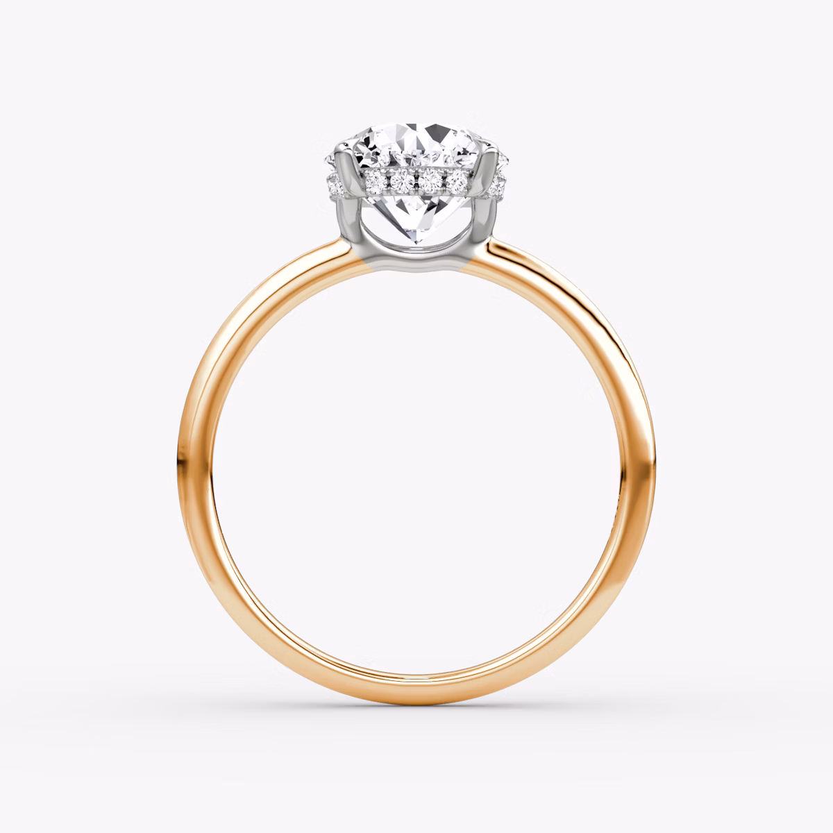 The Signature | Round Brilliant | 14k | Rose Gold and Platinum | bandAccent: Plain | bandWidth: standard | caratWeight: other | hiddenHalo: yes | diamondOrientation: vertical