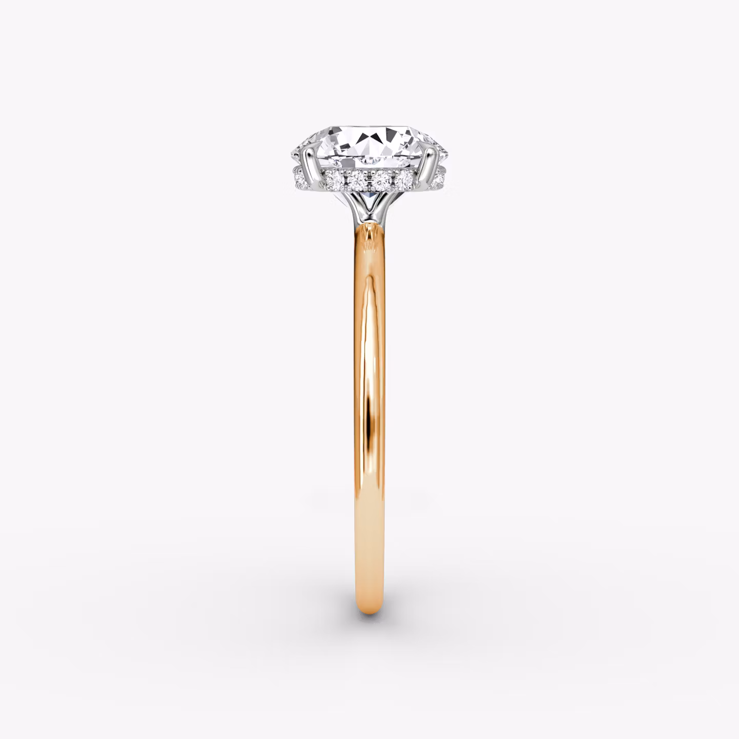 The Signature | Round Brilliant | 14k | Rose Gold and Platinum | bandAccent: Plain | bandWidth: standard | caratWeight: other | hiddenHalo: yes | diamondOrientation: vertical