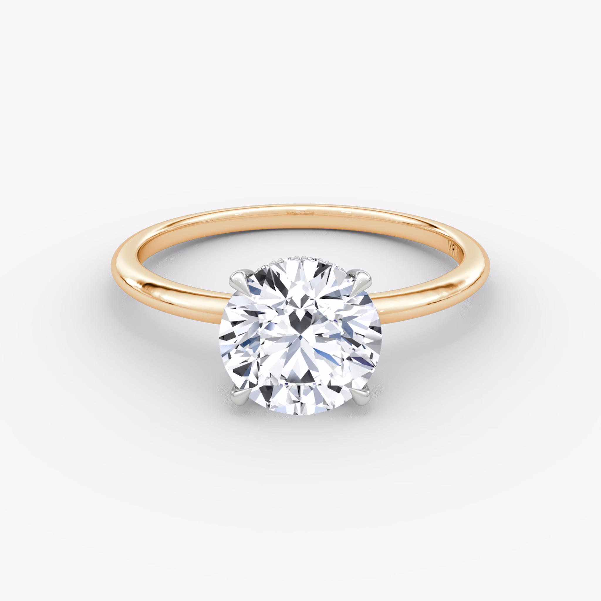 The Signature | Round Brilliant | 14k | Rose Gold and Platinum | bandAccent: Plain | bandWidth: standard | caratWeight: 1.5ct | hiddenHalo: yes | diamondOrientation: vertical