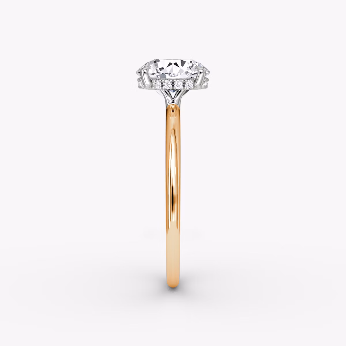 The Signature | Round Brilliant | 14k | Rose Gold and Platinum | bandAccent: Plain | bandWidth: standard | caratWeight: 1.5ct | hiddenHalo: yes | diamondOrientation: vertical