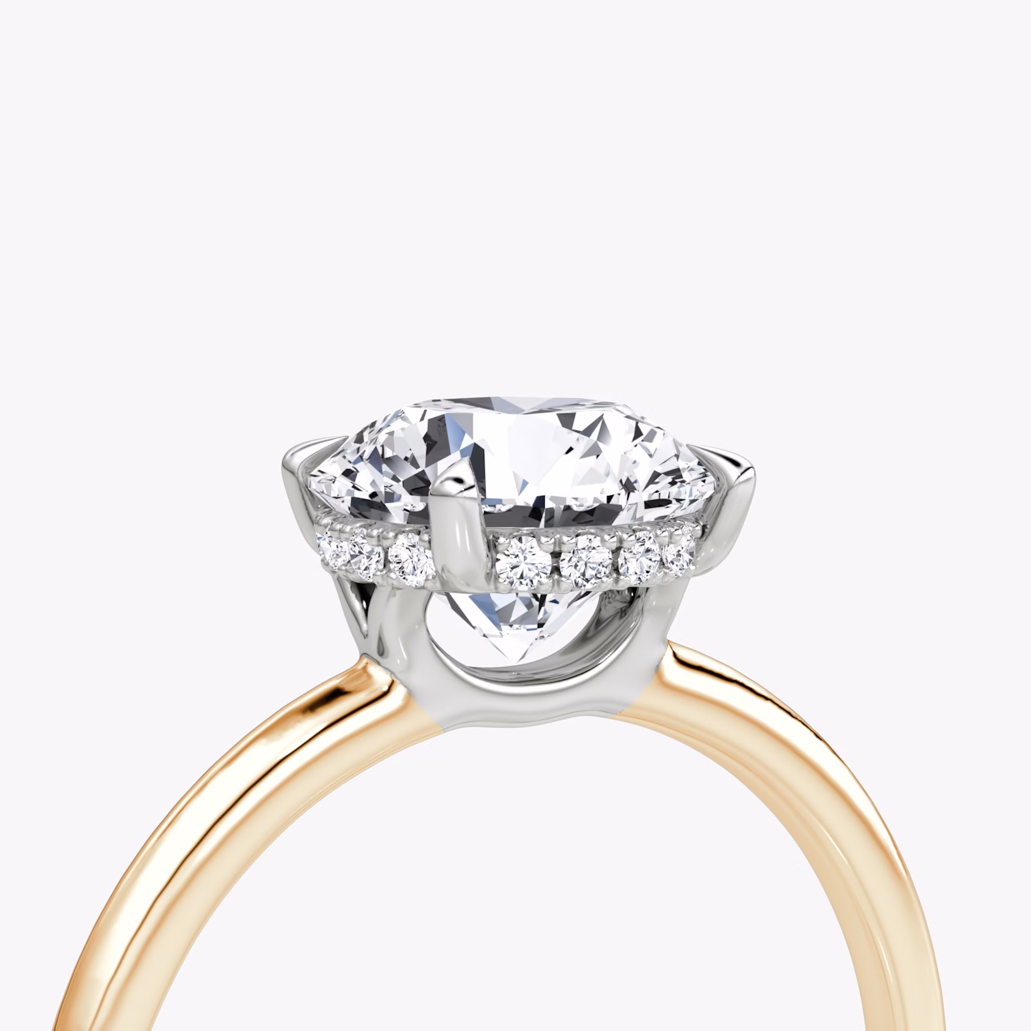 The Signature | Round Brilliant | 14k | Rose Gold and Platinum | bandAccent: Plain | bandWidth: standard | caratWeight: 1.5ct | hiddenHalo: yes | diamondOrientation: vertical