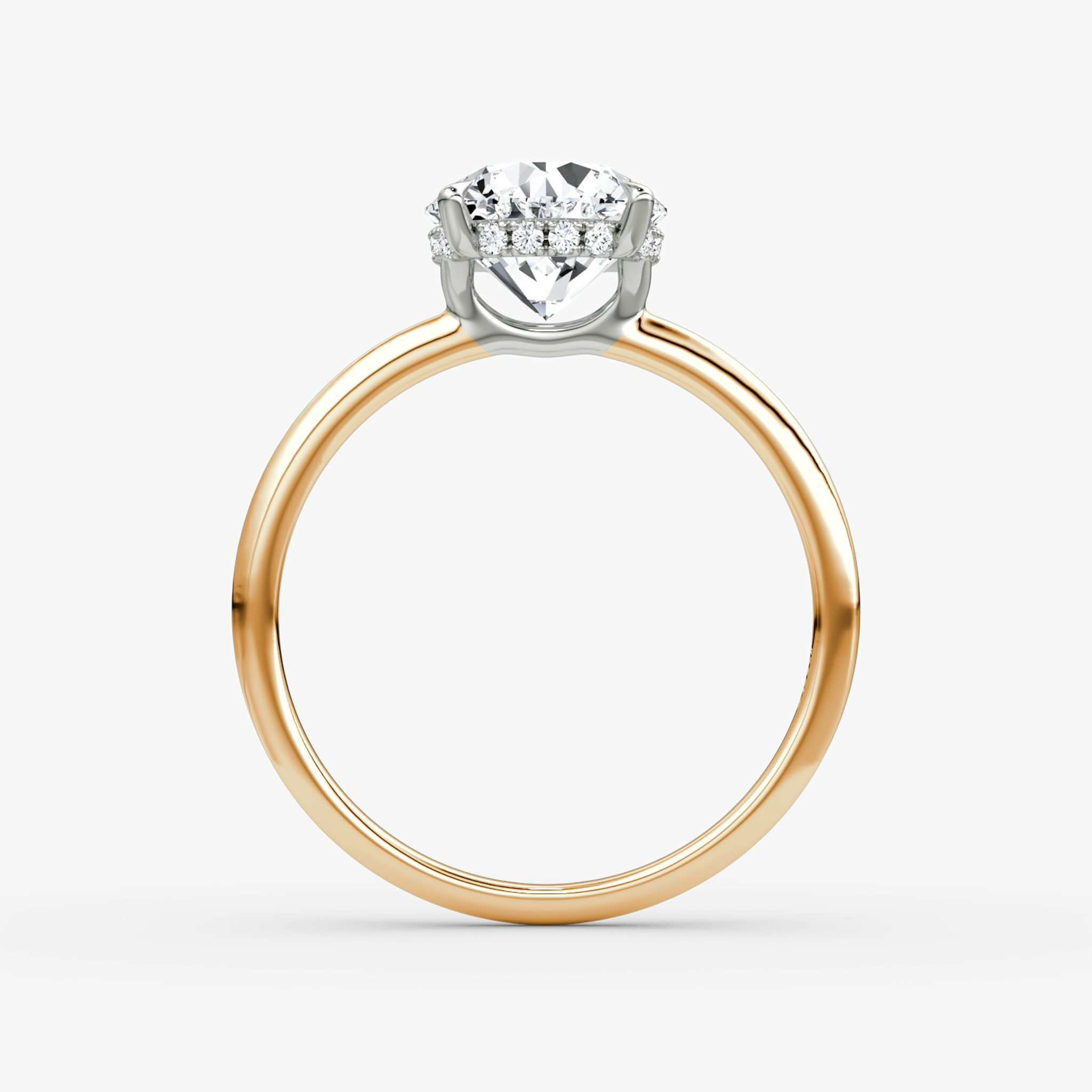 The Signature | Round Brilliant | 14k | Rose Gold and Platinum | bandAccent: Plain | bandWidth: standard | caratWeight: 1.0ct | hiddenHalo: yes | diamondOrientation: vertical