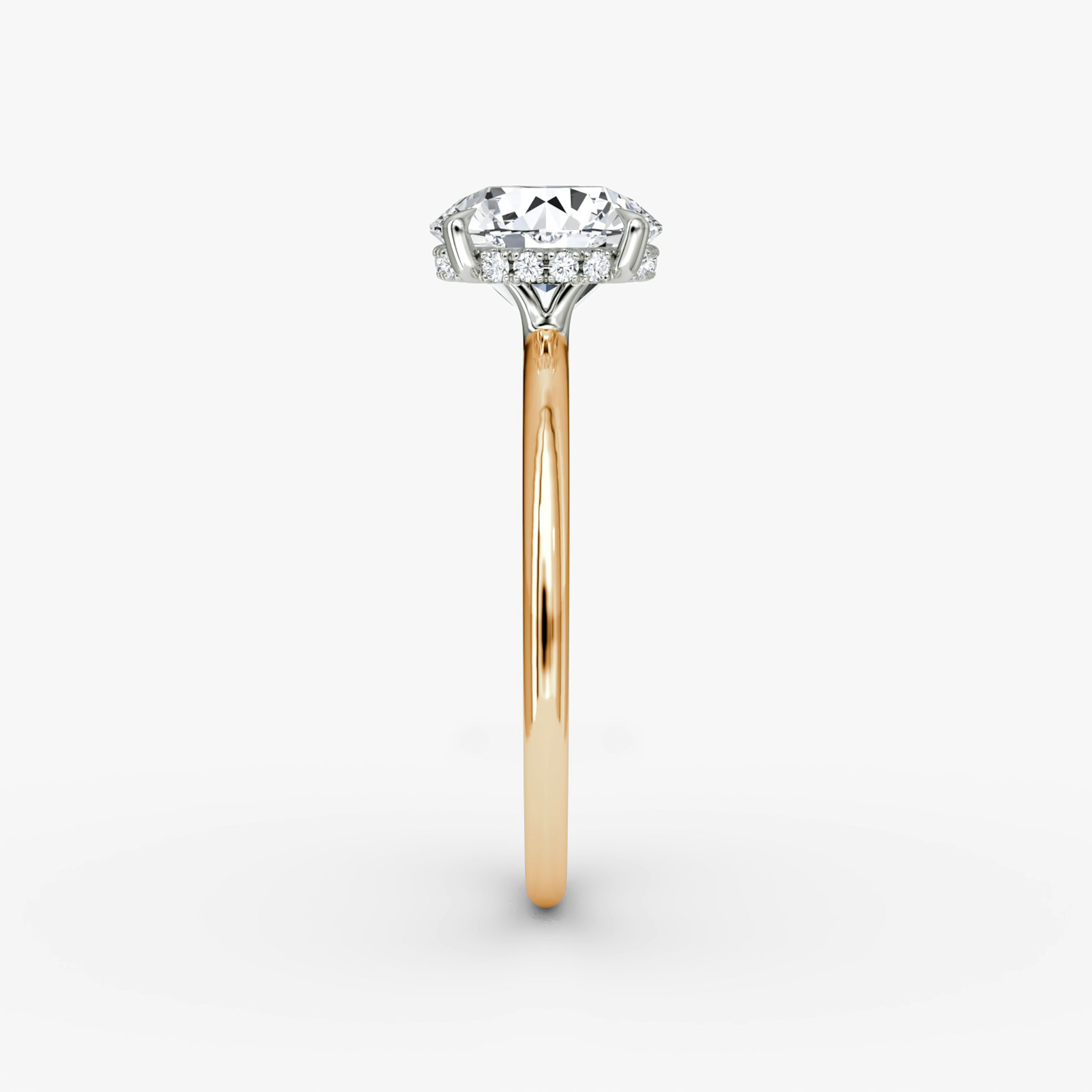 The Signature | Round Brilliant | 14k | Rose Gold and Platinum | bandAccent: Plain | bandWidth: standard | caratWeight: 2.0ct | hiddenHalo: yes | diamondOrientation: vertical