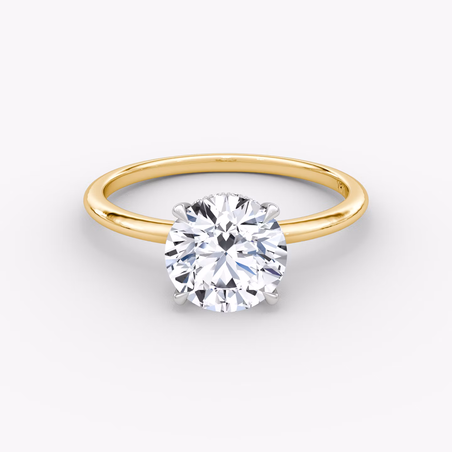 The Signature | Round Brilliant | 18k | Yellow Gold and Platinum | bandAccent: Plain | bandWidth: standard | caratWeight: other | hiddenHalo: yes | diamondOrientation: vertical