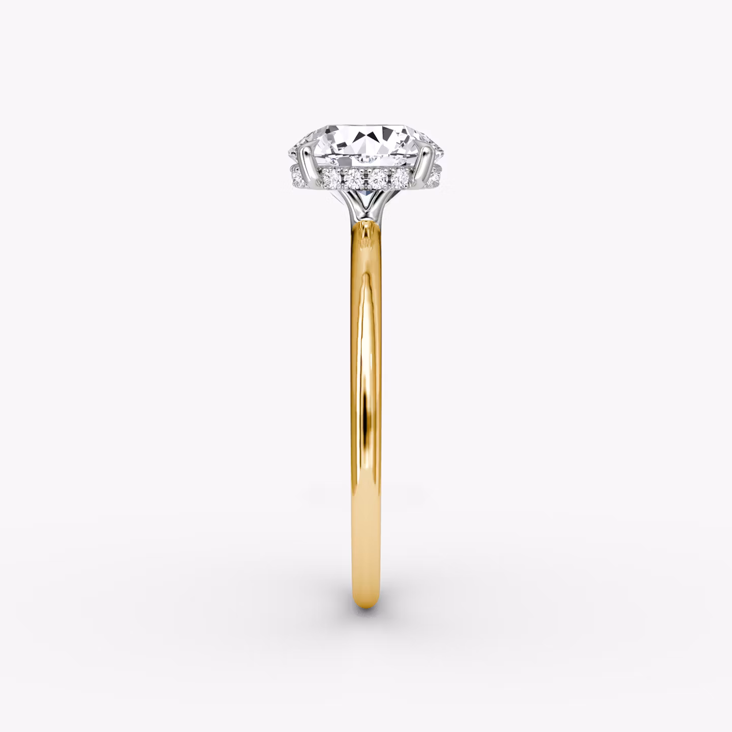 The Signature | Round Brilliant | 18k | Yellow Gold and Platinum | bandAccent: Plain | bandWidth: standard | caratWeight: other | hiddenHalo: yes | diamondOrientation: vertical