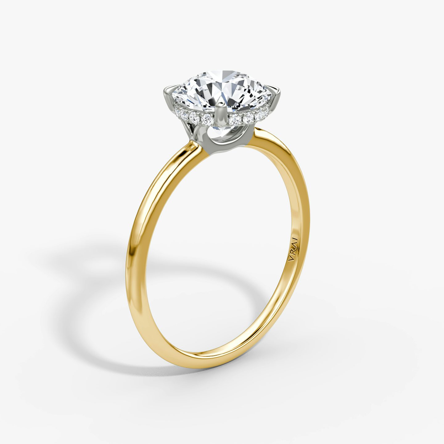 The Signature | Round Brilliant | 18k | Yellow Gold and Platinum | bandAccent: Plain | bandWidth: standard | caratWeight: 2.0ct | hiddenHalo: yes | diamondOrientation: vertical