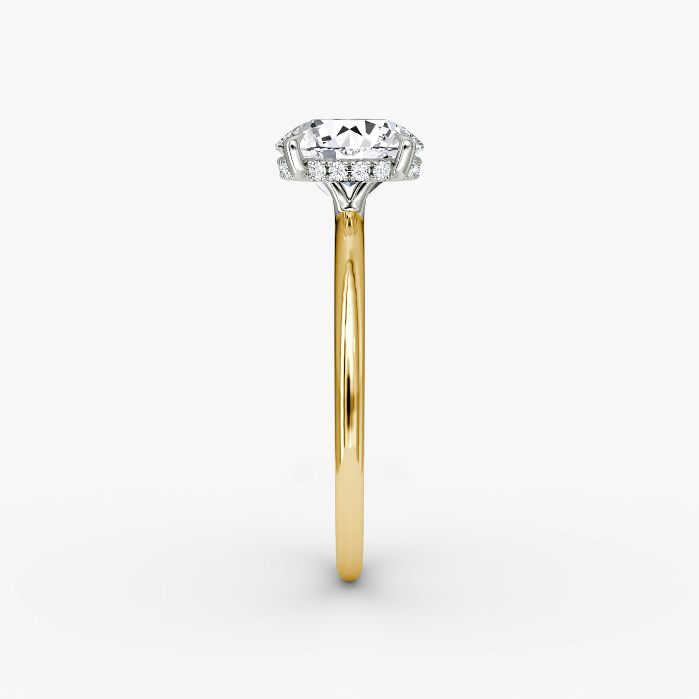 The Signature | Round Brilliant | 18k | Yellow Gold and Platinum | bandAccent: Plain | bandWidth: standard | caratWeight: 1.5ct | hiddenHalo: yes | diamondOrientation: vertical