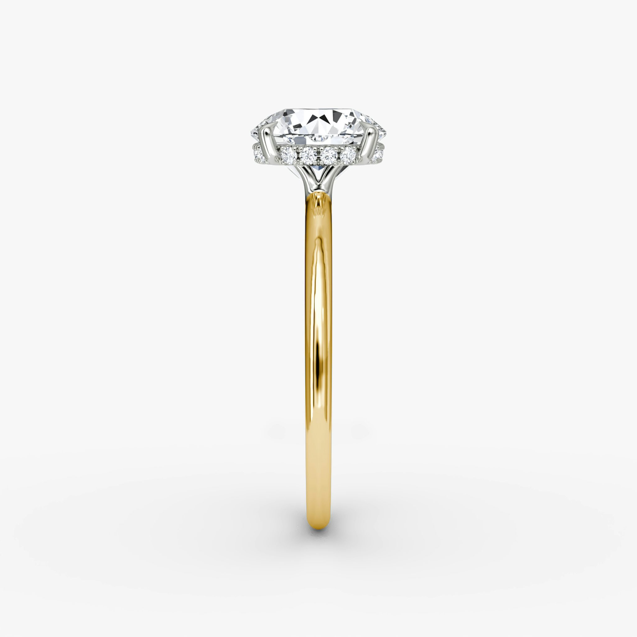 The Signature | Round Brilliant | 18k | Yellow Gold and Platinum | bandAccent: Plain | bandWidth: standard | caratWeight: 1.5ct | hiddenHalo: yes | diamondOrientation: vertical