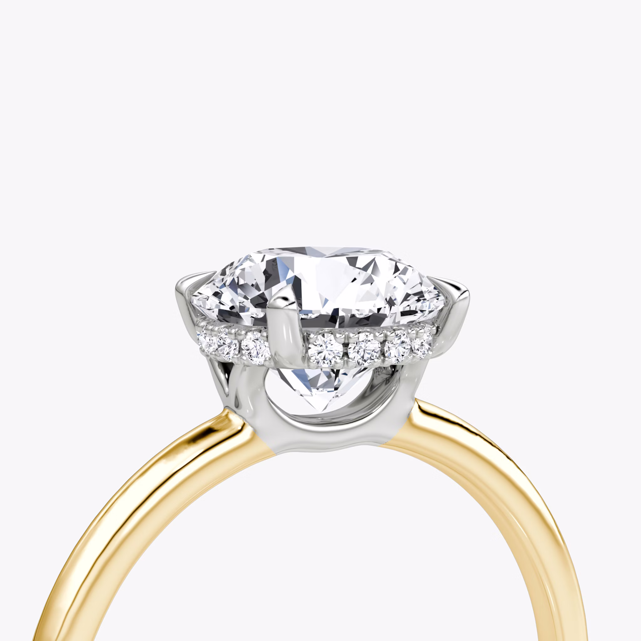 The Signature | Round Brilliant | 18k | Yellow Gold and Platinum | bandAccent: Plain | bandWidth: standard | caratWeight: 1.5ct | hiddenHalo: yes | diamondOrientation: vertical