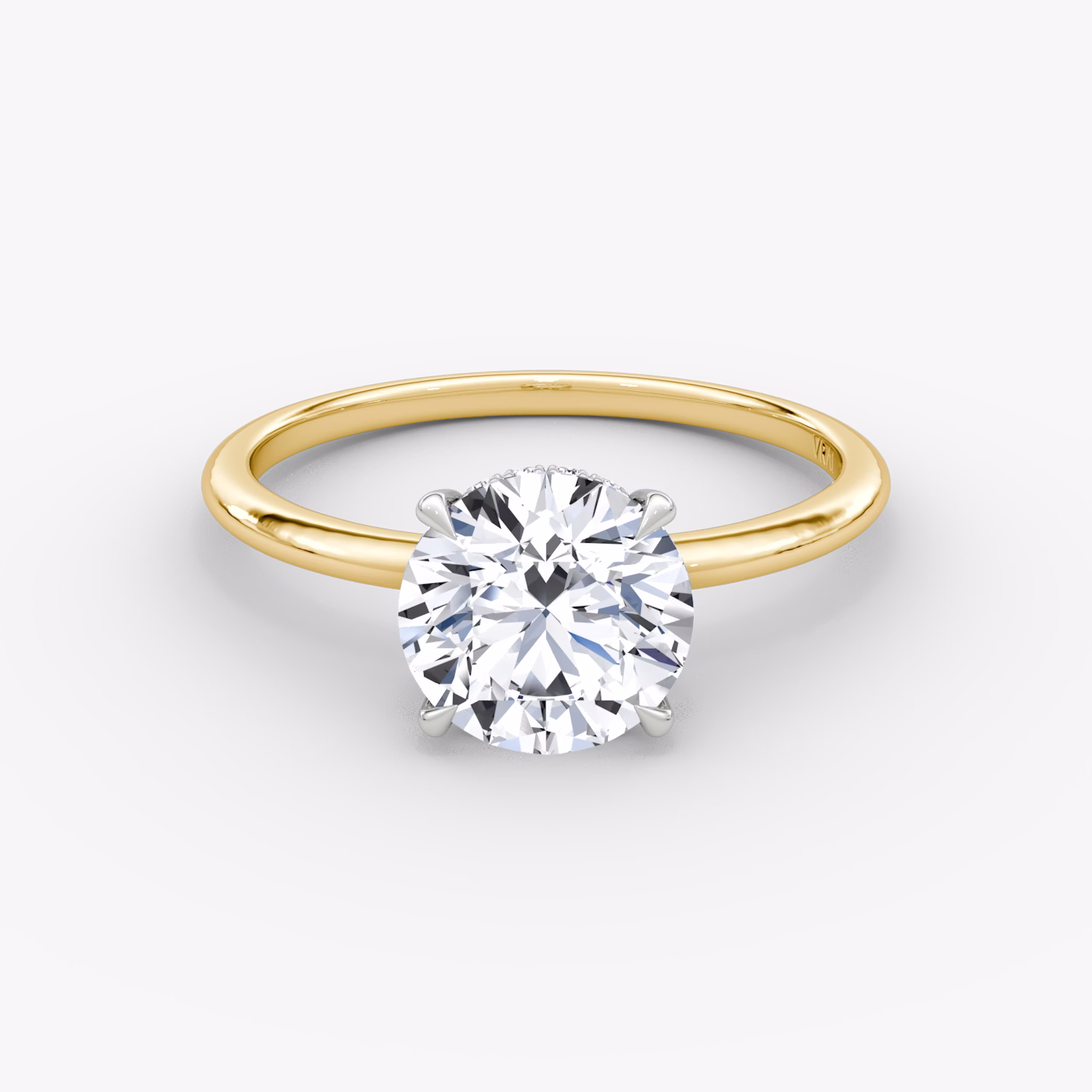 The Signature | Round Brilliant | 18k | Yellow Gold and Platinum | bandAccent: Plain | bandWidth: standard | caratWeight: 1.5ct | hiddenHalo: yes | diamondOrientation: vertical