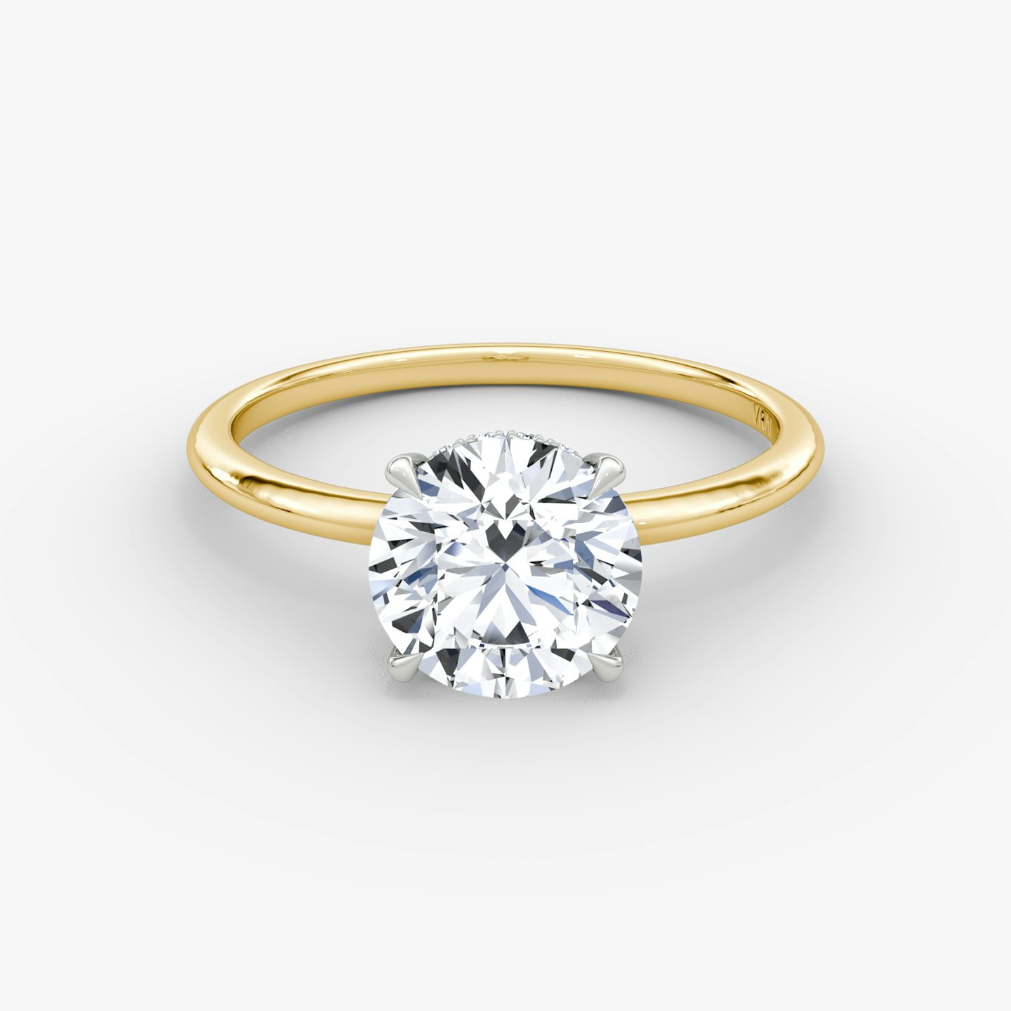 The Signature | Round Brilliant | 18k | Yellow Gold and Platinum | bandAccent: Plain | bandWidth: standard | caratWeight: 1.5ct | hiddenHalo: yes | diamondOrientation: vertical