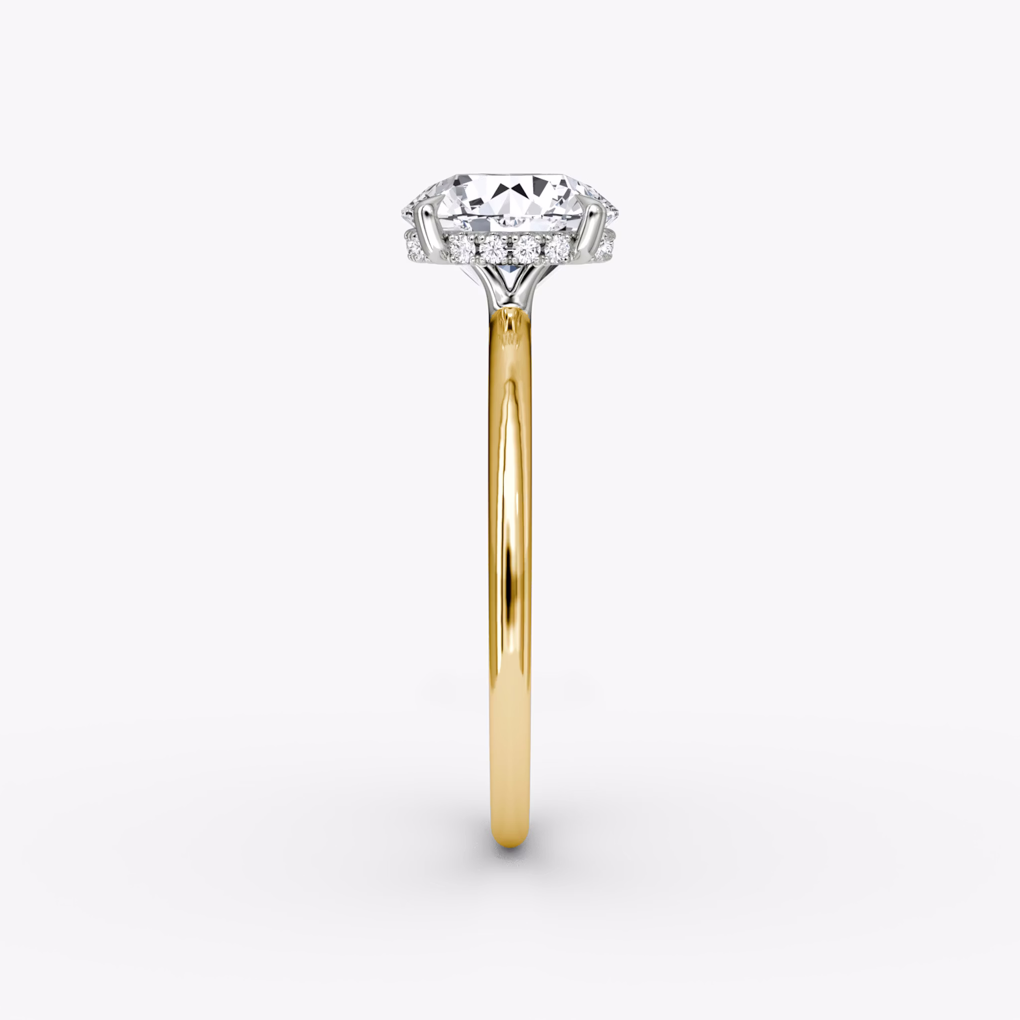 The Signature | Round Brilliant | 18k | Yellow Gold and Platinum | bandAccent: Plain | bandWidth: standard | caratWeight: 1.0ct | hiddenHalo: yes | diamondOrientation: vertical