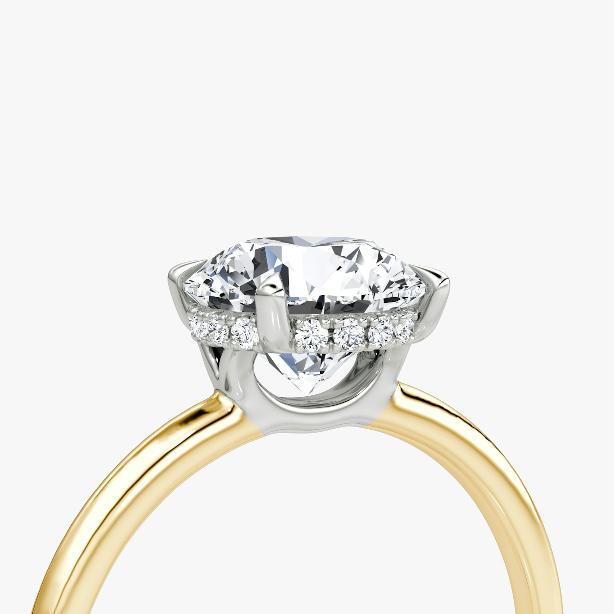 The Signature | Round Brilliant | 18k | Yellow Gold and Platinum | bandAccent: Plain | bandWidth: standard | caratWeight: 1.0ct | hiddenHalo: yes | diamondOrientation: vertical