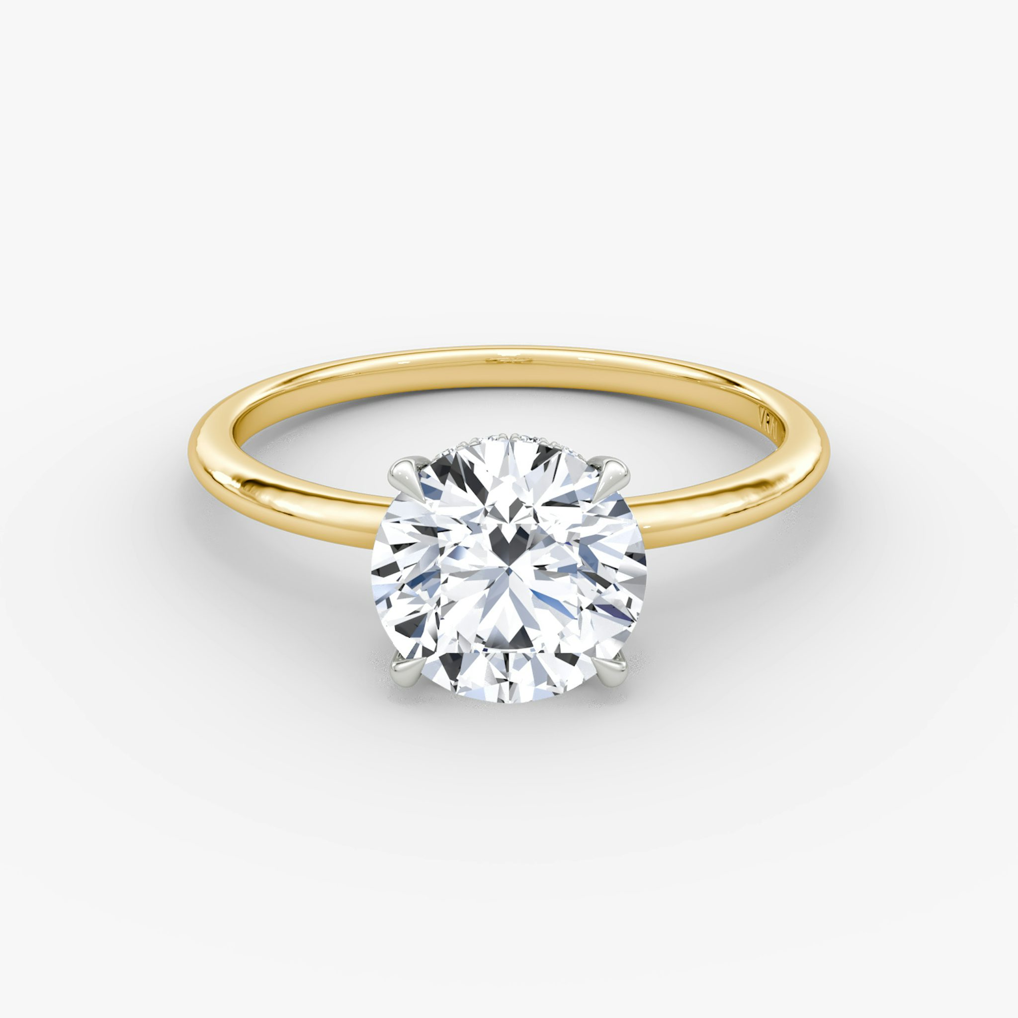 The Signature | Round Brilliant | 18k | Yellow Gold and Platinum | bandAccent: Plain | bandWidth: standard | caratWeight: 1.0ct | hiddenHalo: yes | diamondOrientation: vertical