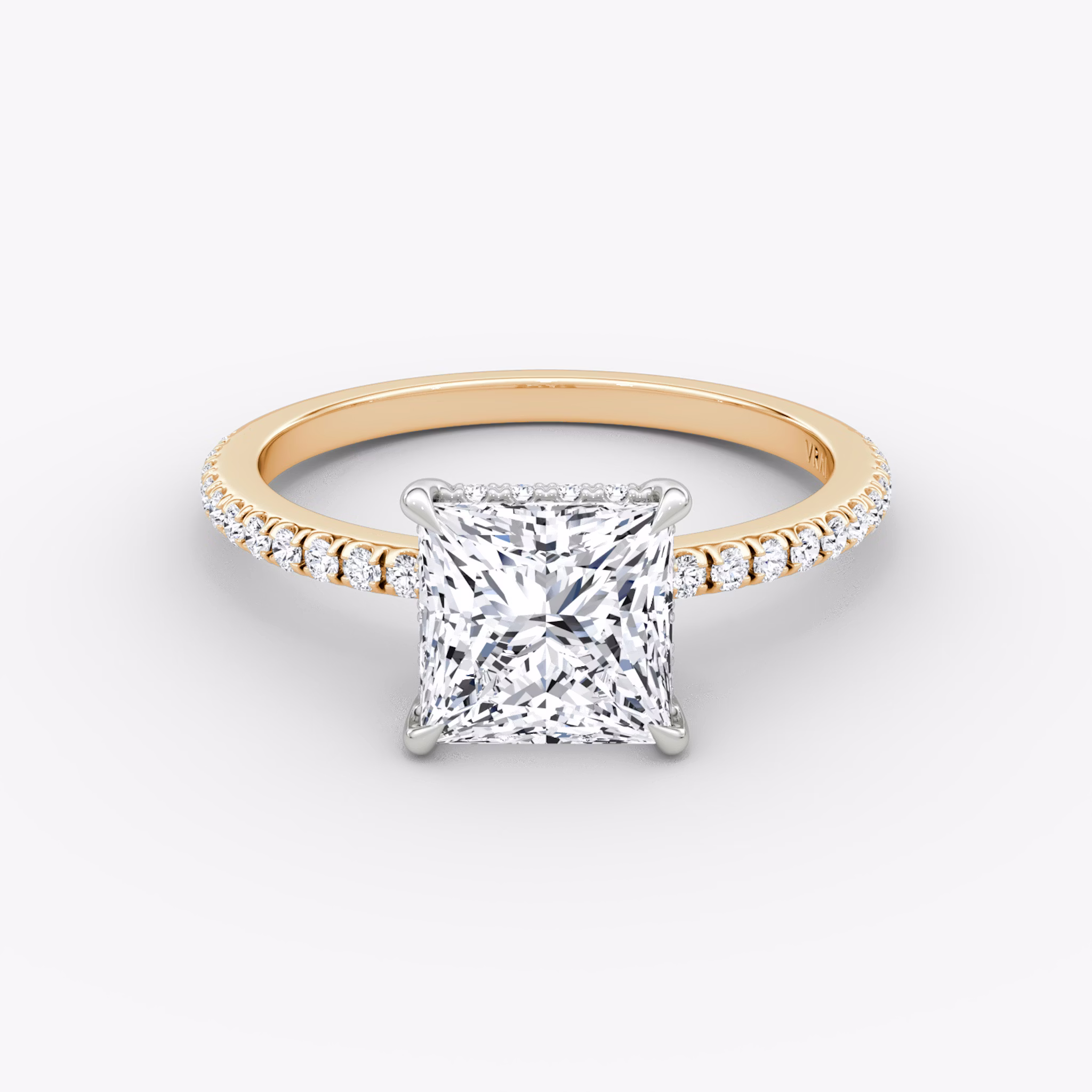 The Signature | Princess | 14k | Rose Gold and Platinum | bandAccent: Pavé | bandWidth: standard | hiddenHalo: yes | diamondOrientation: vertical | caratWeight: other