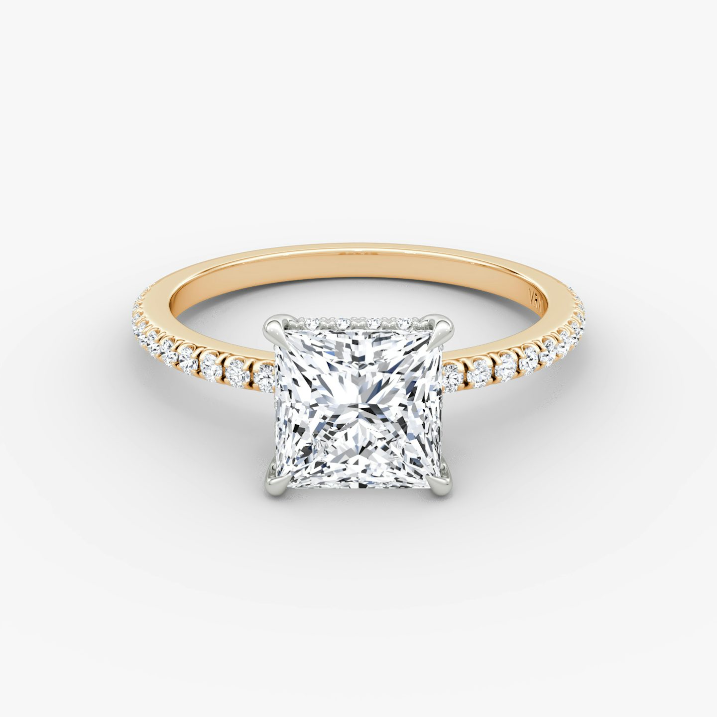 The Signature | Princess | 14k | Rose Gold and Platinum | bandAccent: Pavé | bandWidth: standard | hiddenHalo: yes | diamondOrientation: vertical | caratWeight: other