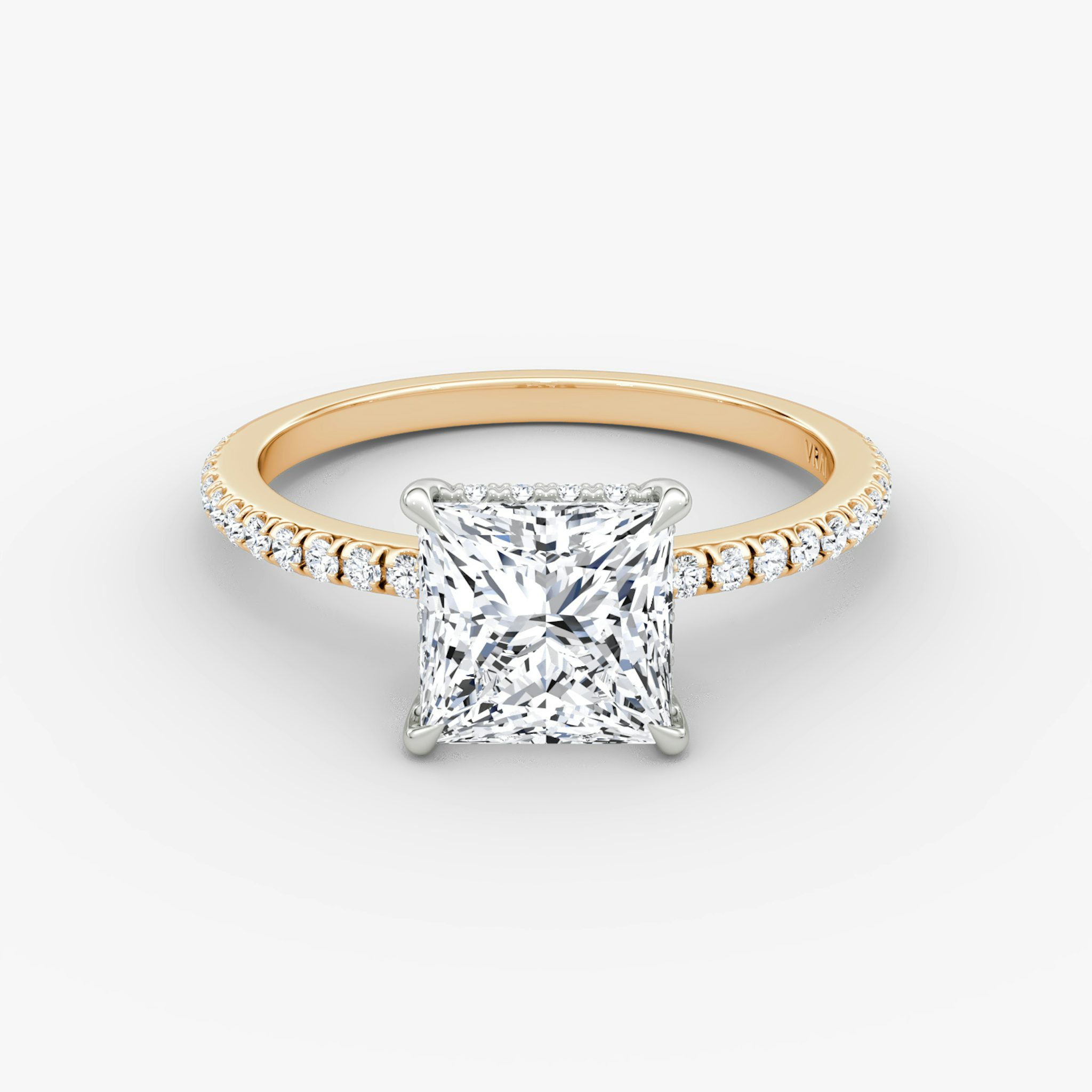 The Signature | Princess | 14k | Rose Gold and Platinum | bandAccent: Pavé | bandWidth: standard | hiddenHalo: yes | diamondOrientation: vertical | caratWeight: other