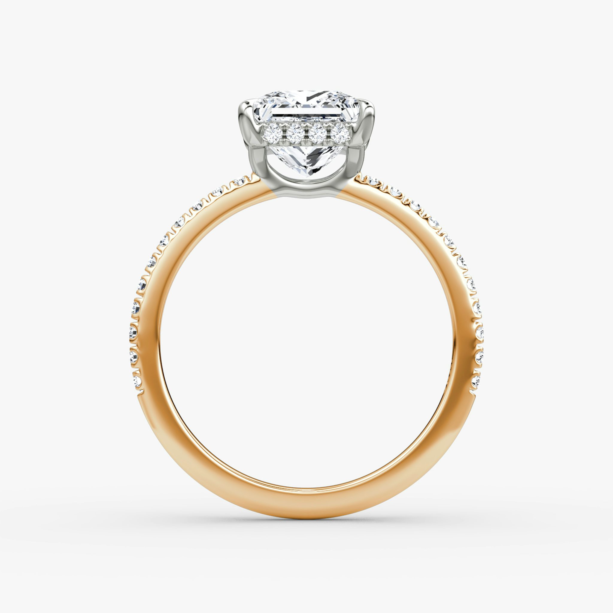 The Signature | Princess | 14k | Rose Gold and Platinum | bandAccent: Pavé | bandWidth: standard | hiddenHalo: yes | diamondOrientation: vertical | caratWeight: other