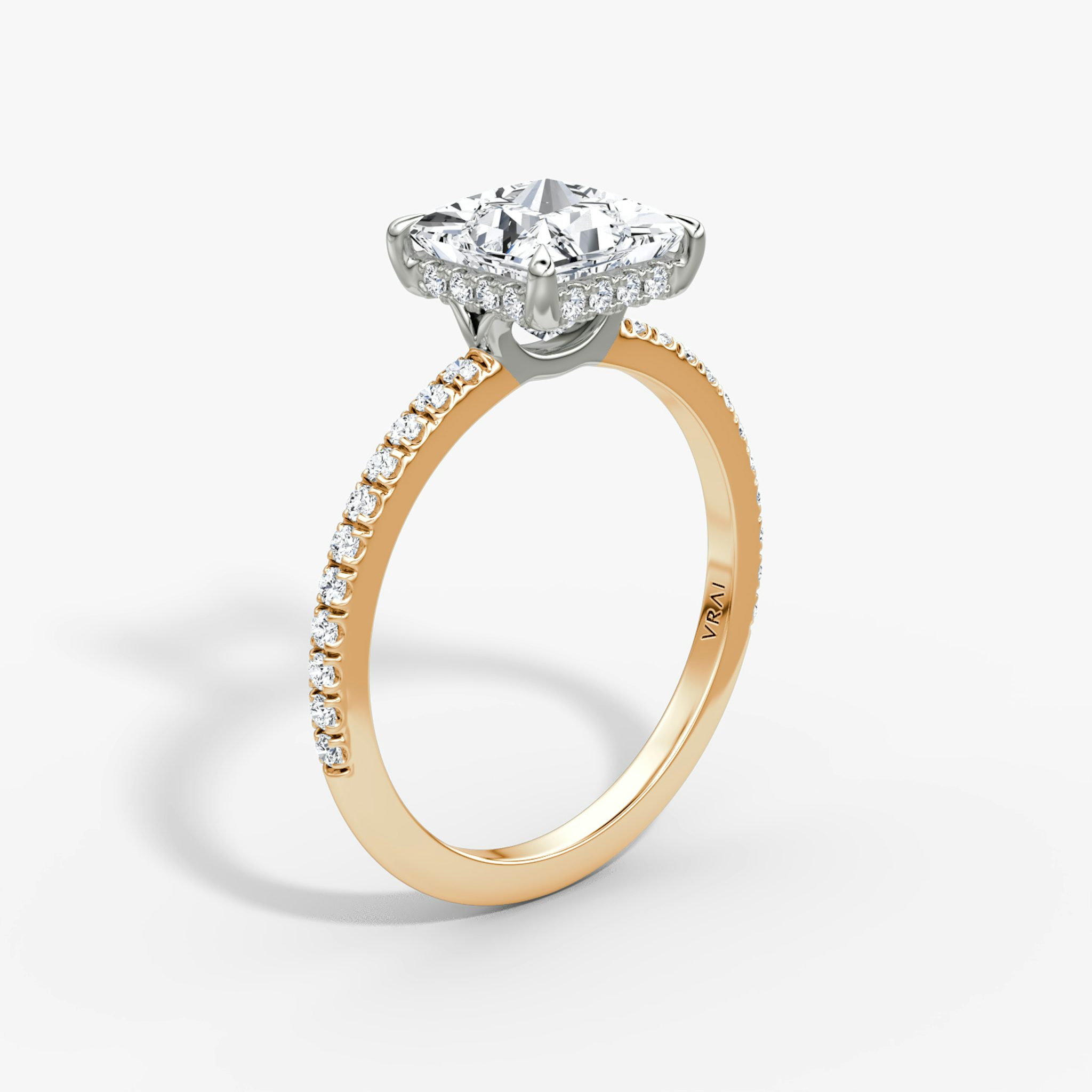 The Signature | Princess | 14k | Rose Gold and Platinum | bandAccent: Pavé | bandWidth: standard | hiddenHalo: yes | diamondOrientation: vertical | caratWeight: other
