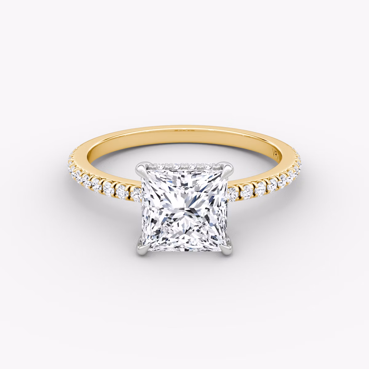The Signature | Princess | 18k | Yellow Gold and Platinum | bandAccent: Pavé | bandWidth: standard | hiddenHalo: yes | diamondOrientation: horizontal | caratWeight: other