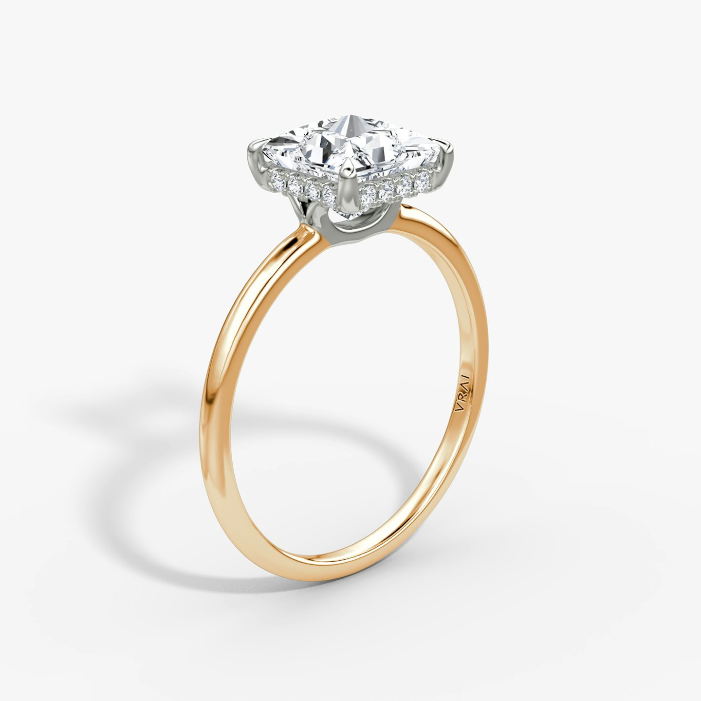 The Signature | Princess | 14k | Rose Gold and Platinum | bandAccent: Plain | bandWidth: standard | hiddenHalo: yes | diamondOrientation: vertical | caratWeight: other