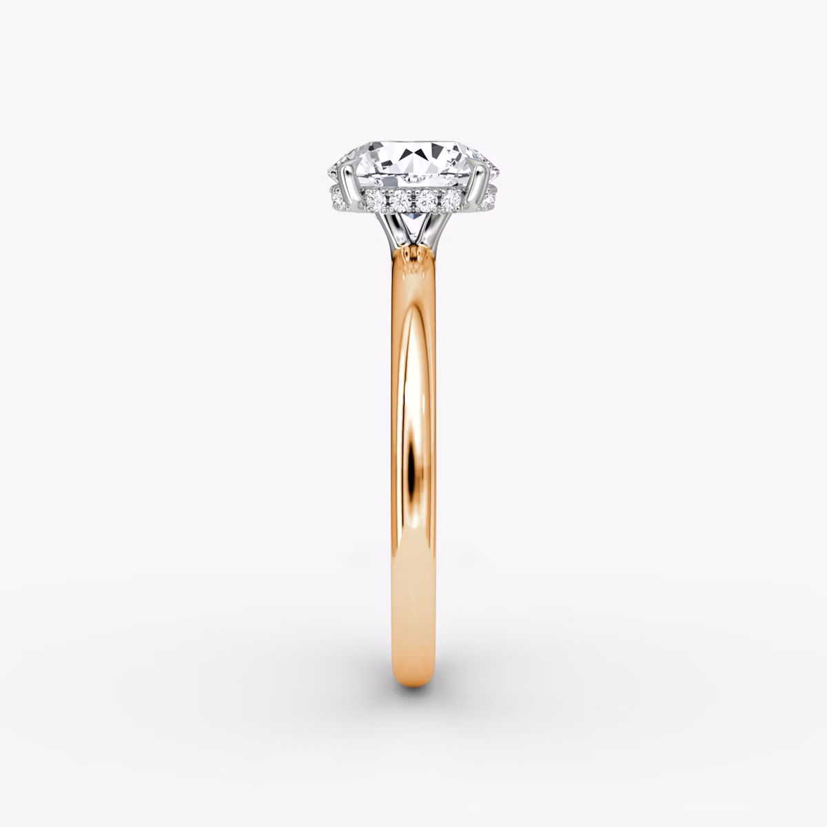The Signature | Round Brilliant | 14k | Rose Gold and Platinum | bandAccent: Plain | bandWidth: large | caratWeight: 1.5ct | hiddenHalo: yes | diamondOrientation: vertical