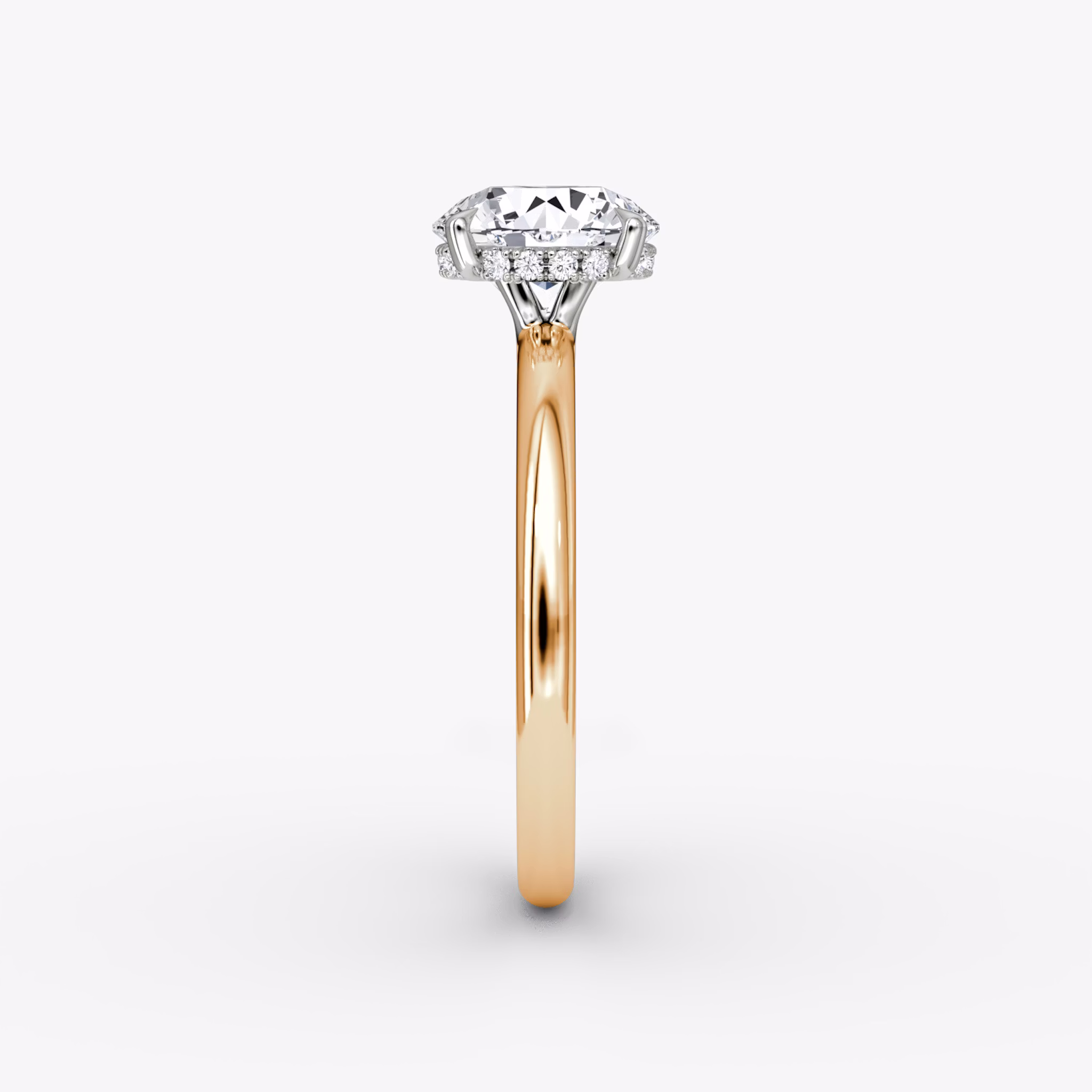 The Signature | Round Brilliant | 14k | Rose Gold and Platinum | bandAccent: Plain | bandWidth: large | caratWeight: 1.5ct | hiddenHalo: yes | diamondOrientation: vertical