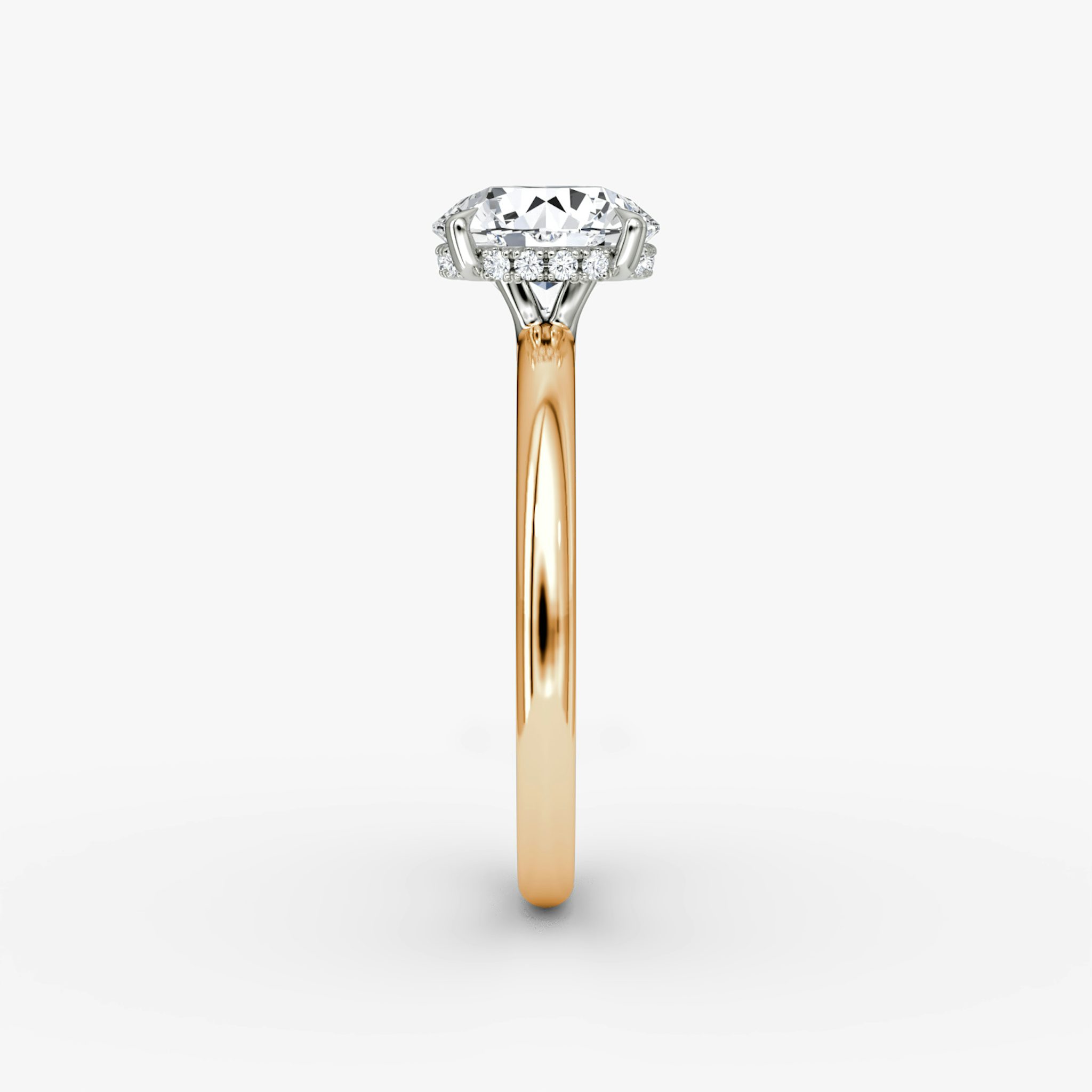 The Signature | Round Brilliant | 14k | Rose Gold and Platinum | bandAccent: Plain | bandWidth: large | caratWeight: 1.5ct | hiddenHalo: yes | diamondOrientation: vertical