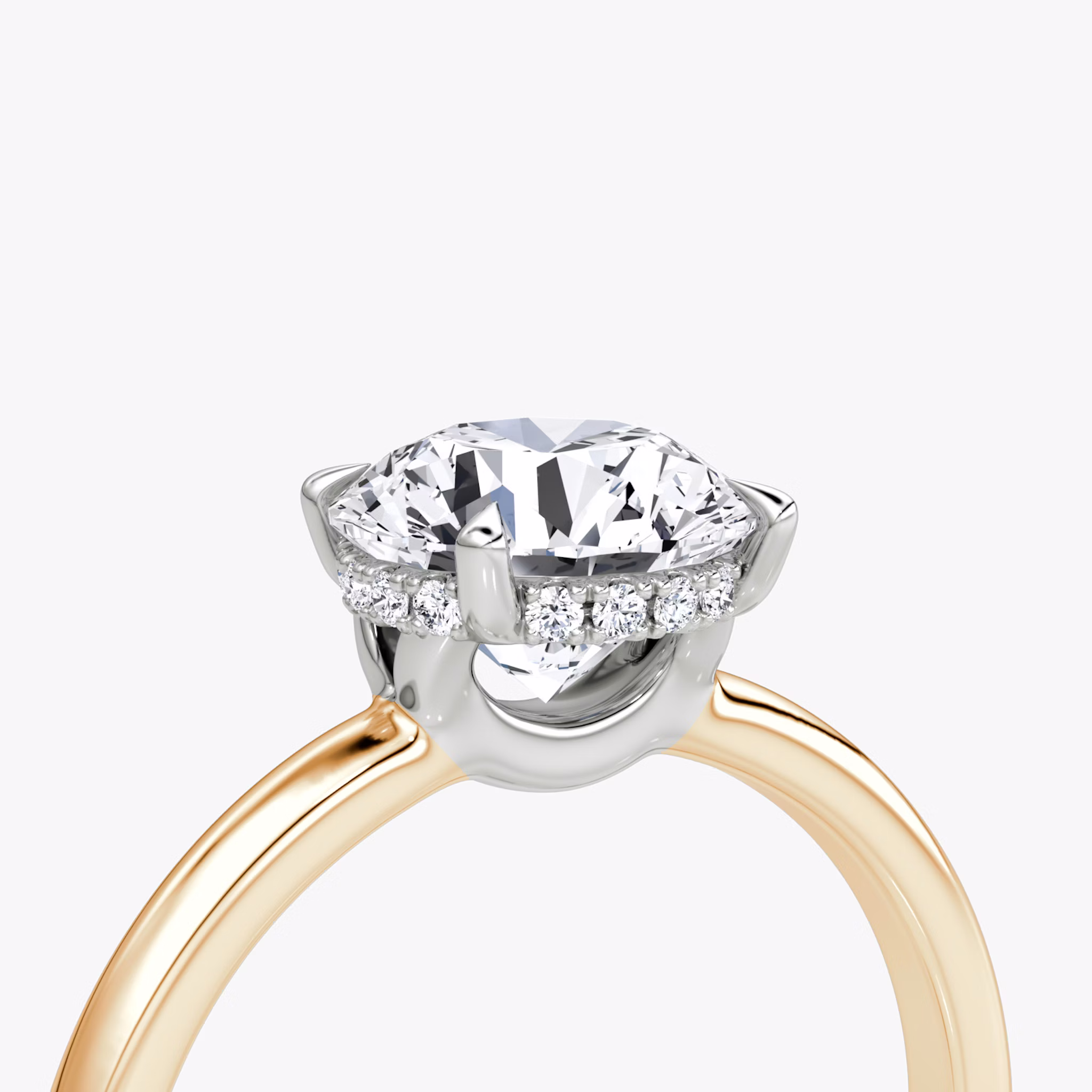 The Signature | Round Brilliant | 14k | Rose Gold and Platinum | bandAccent: Plain | bandWidth: large | caratWeight: 1.5ct | hiddenHalo: yes | diamondOrientation: vertical