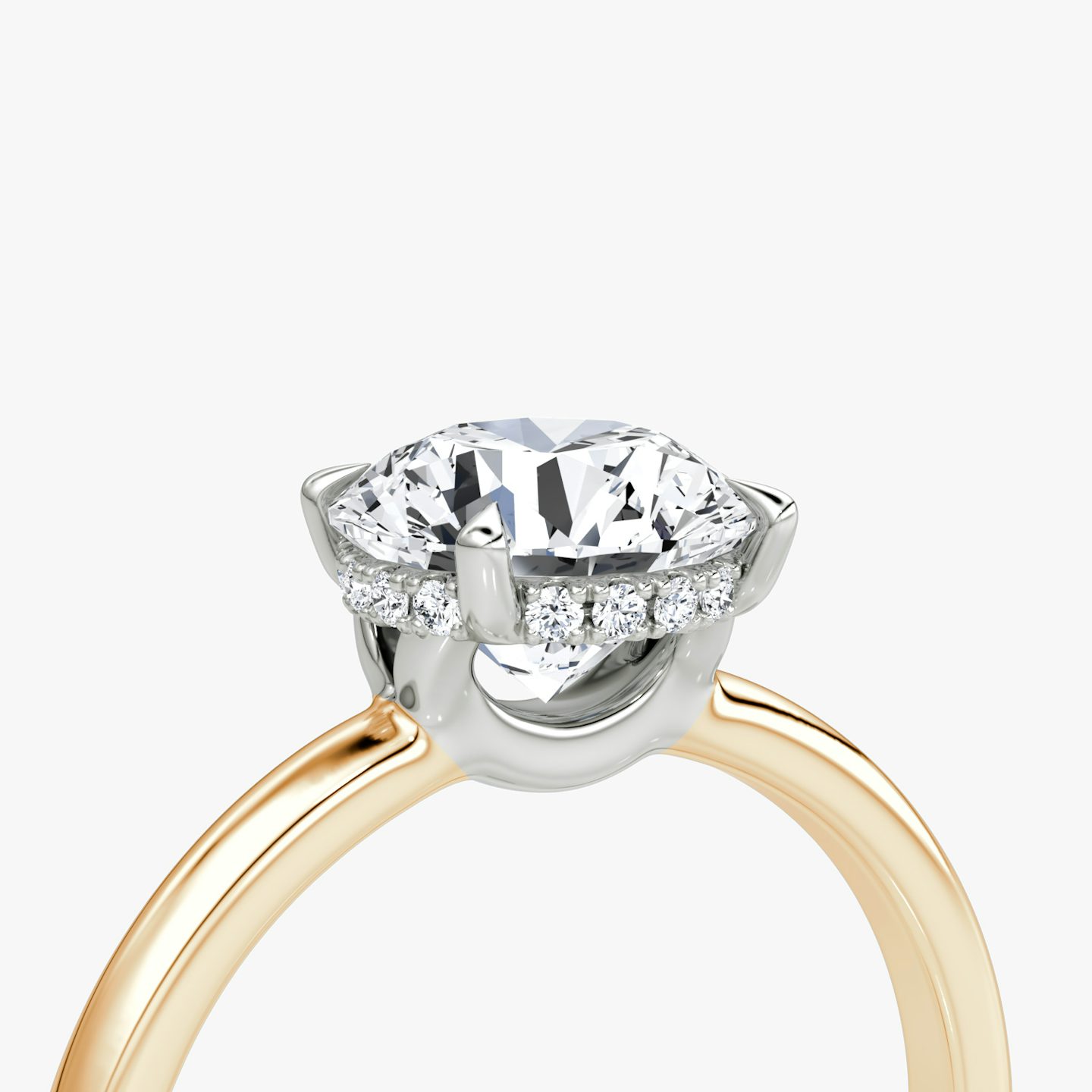 The Signature | Round Brilliant | 14k | Rose Gold and Platinum | bandAccent: Plain | bandWidth: large | caratWeight: 1.5ct | hiddenHalo: yes | diamondOrientation: vertical