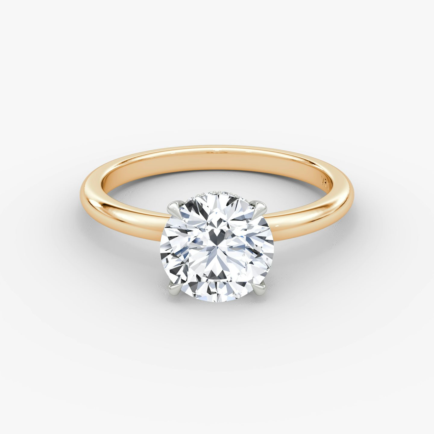 The Signature | Round Brilliant | 14k | Rose Gold and Platinum | bandAccent: Plain | bandWidth: large | caratWeight: 1.5ct | hiddenHalo: yes | diamondOrientation: vertical