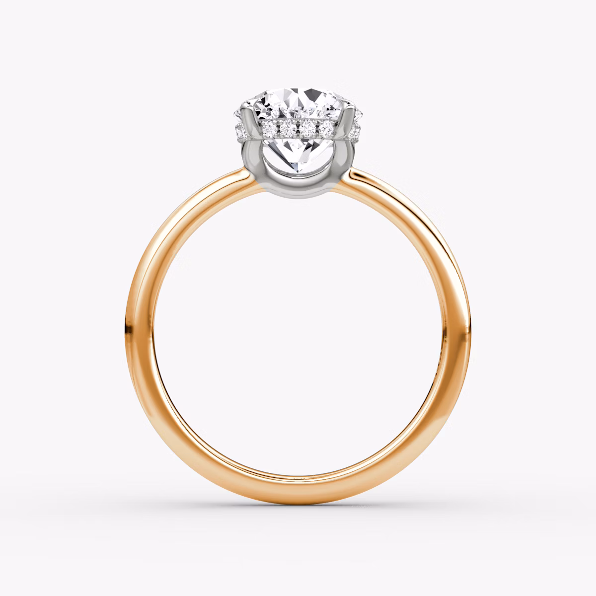 The Signature | Round Brilliant | 14k | Rose Gold and Platinum | bandAccent: Plain | bandWidth: large | caratWeight: 1.5ct | hiddenHalo: yes | diamondOrientation: vertical