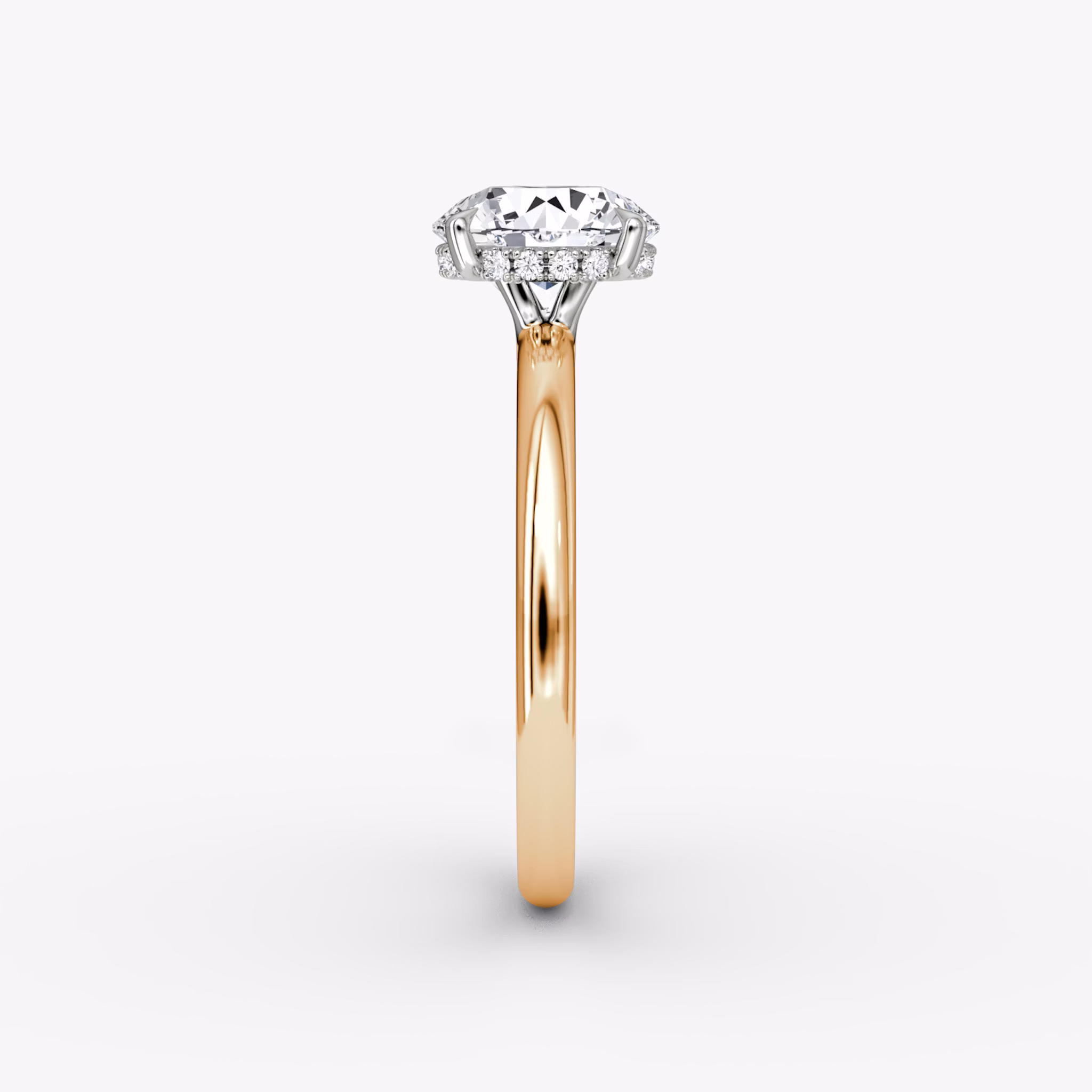 The Signature | Round Brilliant | 14k | Rose Gold and Platinum | bandAccent: Plain | bandWidth: large | caratWeight: 1.0ct | hiddenHalo: yes | diamondOrientation: vertical