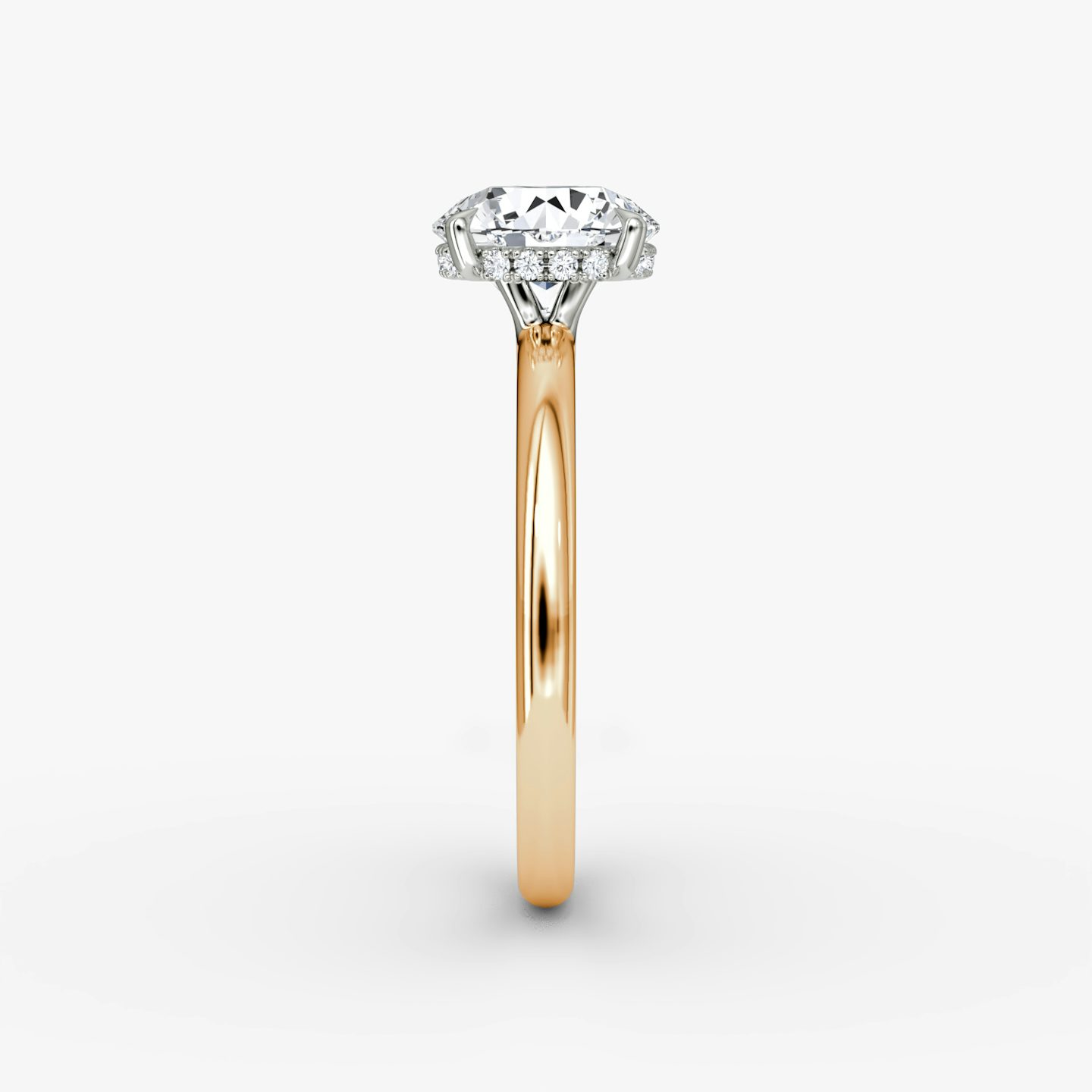 The Signature | Round Brilliant | 14k | Rose Gold and Platinum | bandAccent: Plain | bandWidth: large | caratWeight: 1.0ct | hiddenHalo: yes | diamondOrientation: vertical
