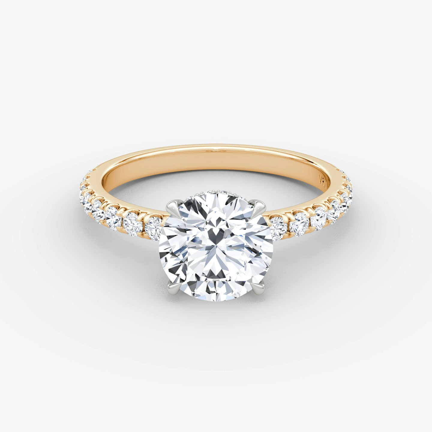 The Signature | Round Brilliant | 14k | Rose Gold and Platinum | bandAccent: Pavé | bandWidth: large | caratWeight: 1.0ct | hiddenHalo: yes | diamondOrientation: vertical