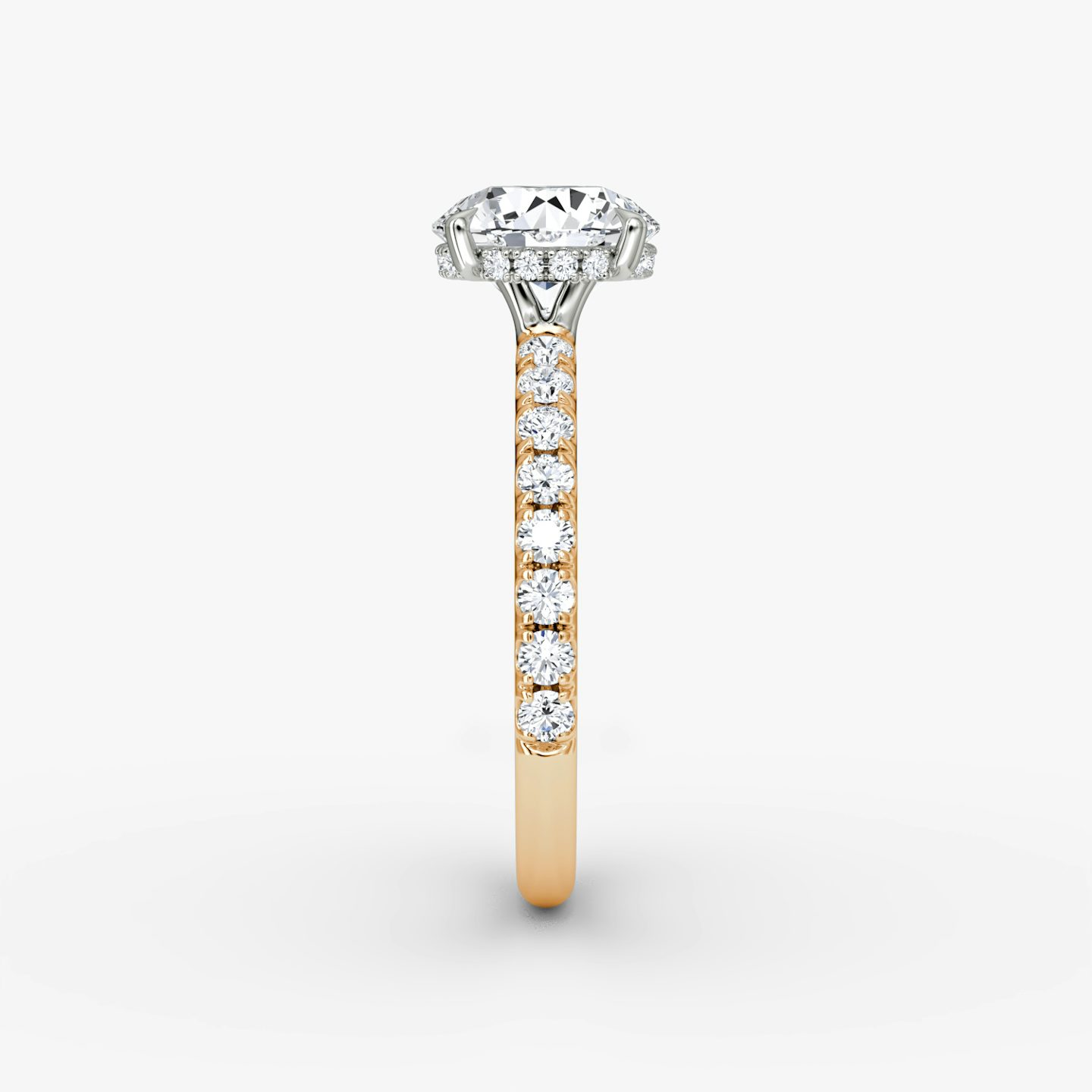 The Signature | Round Brilliant | 14k | Rose Gold and Platinum | bandAccent: Pavé | bandWidth: large | caratWeight: 1.0ct | hiddenHalo: yes | diamondOrientation: vertical